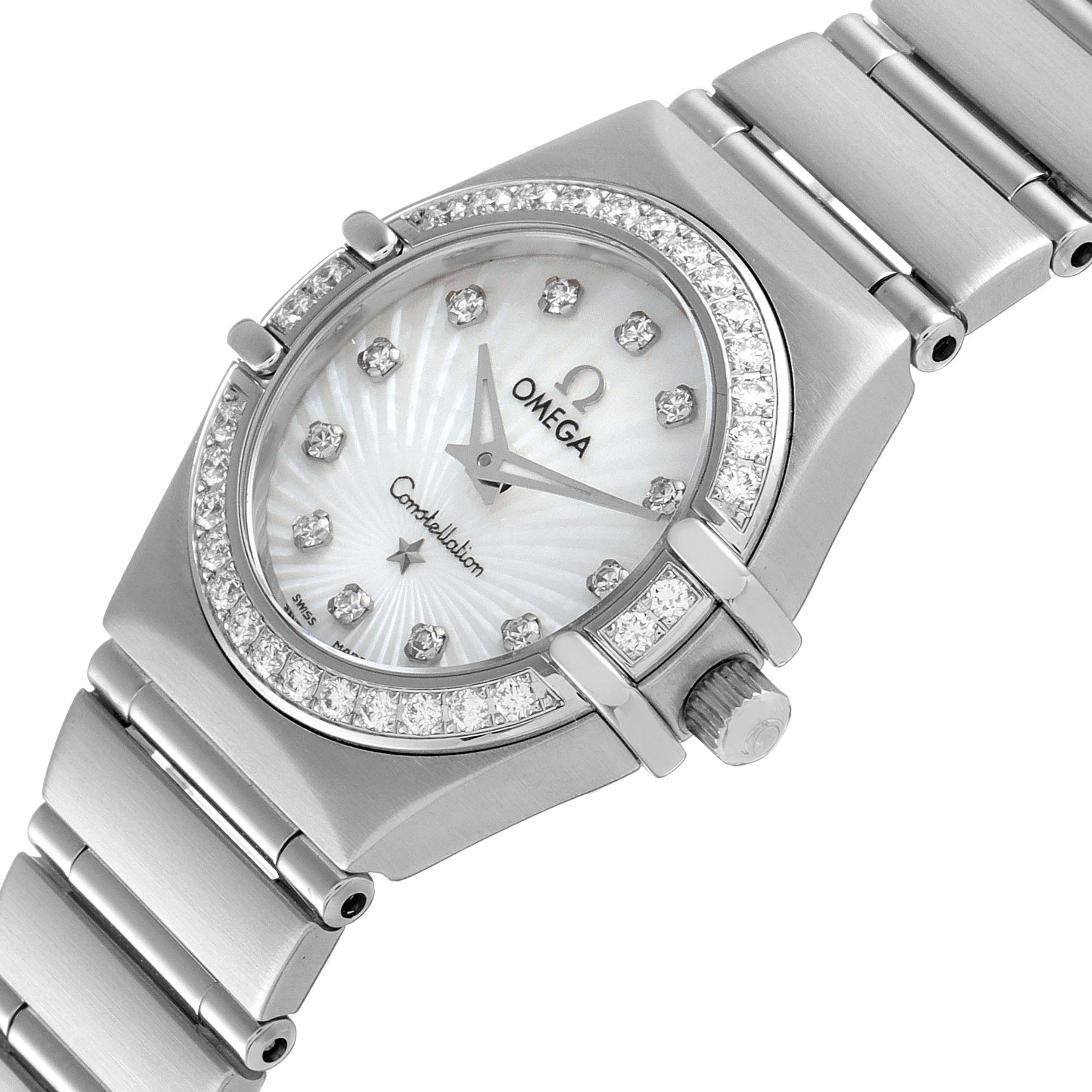 The image shows a close-up angled view of the Omega 111.15.23.60.55.001 Women's Stainless Steel Mother of Pearl Dial 111.15.23.60.55.001 Women's Stainless Steel Mother of Pearl Dial Constellation 160 Anniversary Steel Diamond Watch 111.15.23.60.55.001, focusing on the dial and bracelet.