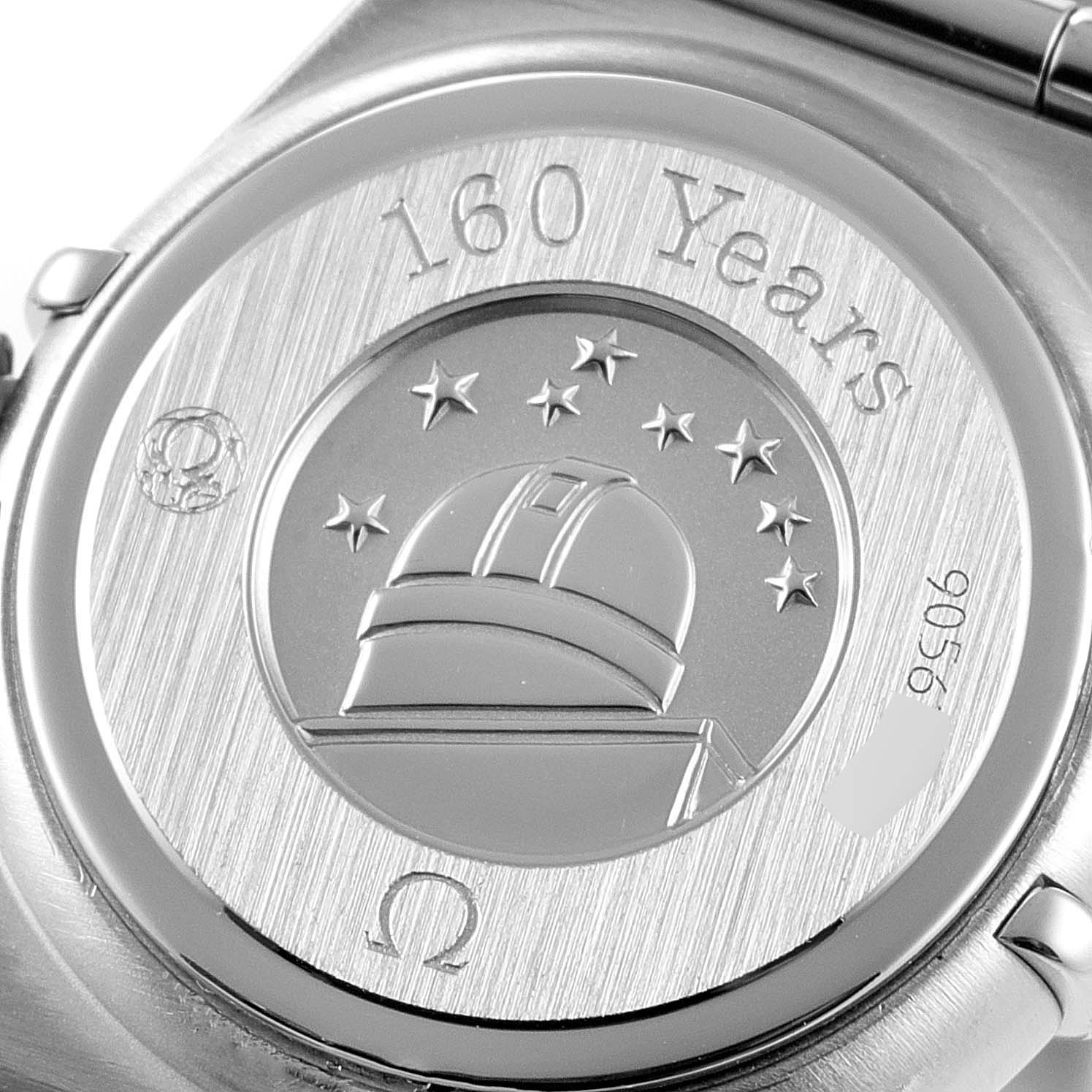 The image shows the back case of the Omega 111.15.23.60.55.001 Women's Stainless Steel Mother of Pearl Dial 111.15.23.60.55.001 Women's Stainless Steel Mother of Pearl Dial Constellation 160 Anniversary Steel Diamond Watch model 111.15.23.60.55.001.