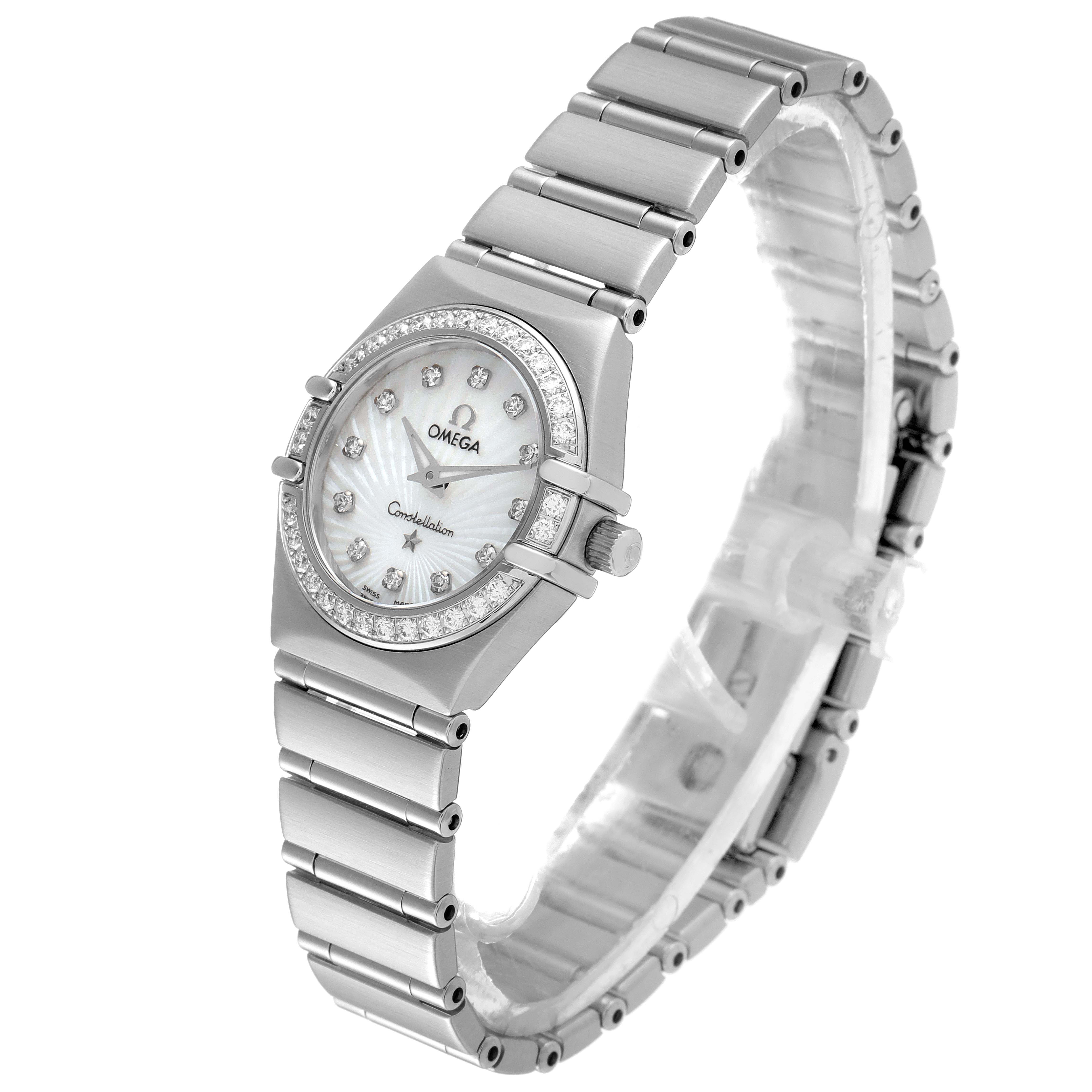 The image shows an angled view of the Omega 111.15.23.60.55.001 Women's Stainless Steel Mother of Pearl Dial 111.15.23.60.55.001 Women's Stainless Steel Mother of Pearl Dial Constellation 160 Anniversary Steel Diamond Watch 111.15.23.60.55.001, displaying the face, bezel, and bracelet.