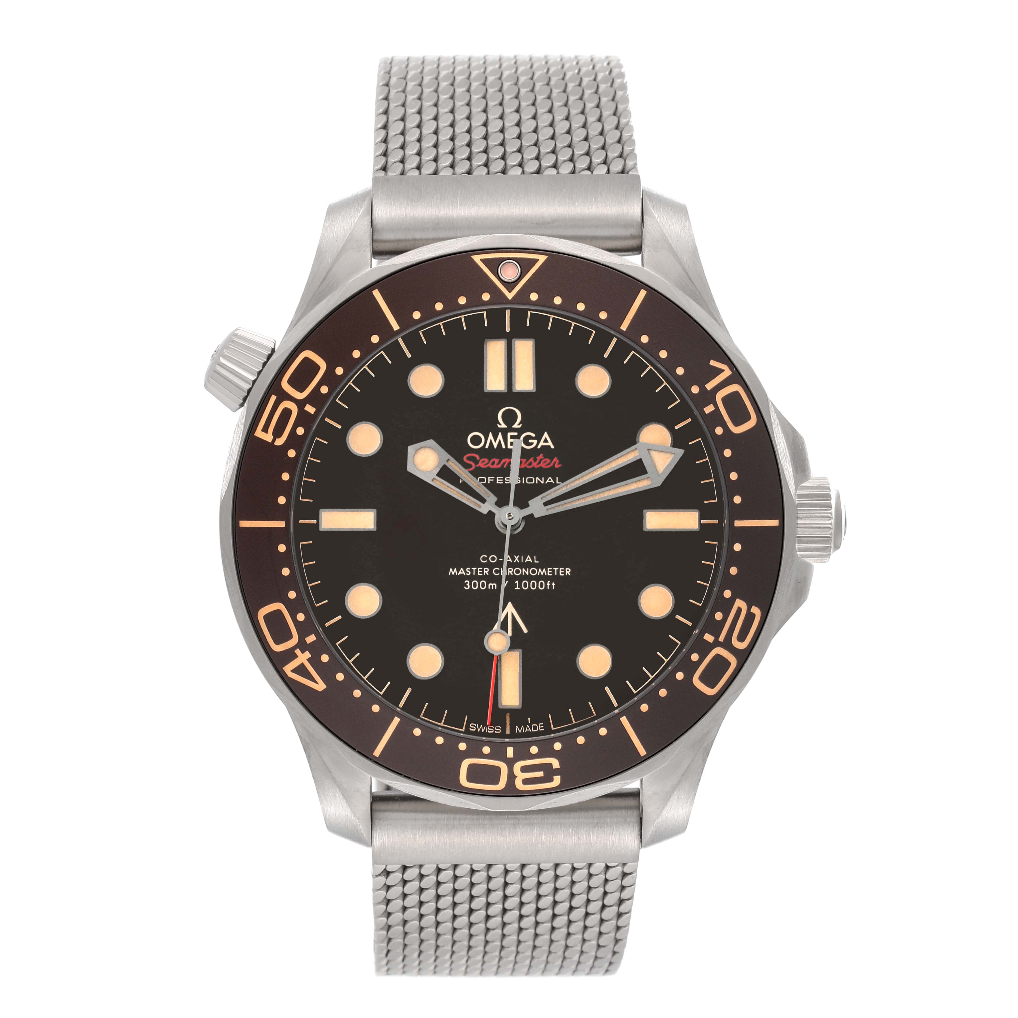 The image shows a front view of an Omega Seamaster 210.92.42.20.01.001 Men's Titanium Brown Dial 210.92.42.20.01.001 Men's Titanium Brown Dial watch featuring its dial, bezel, and bracelet.