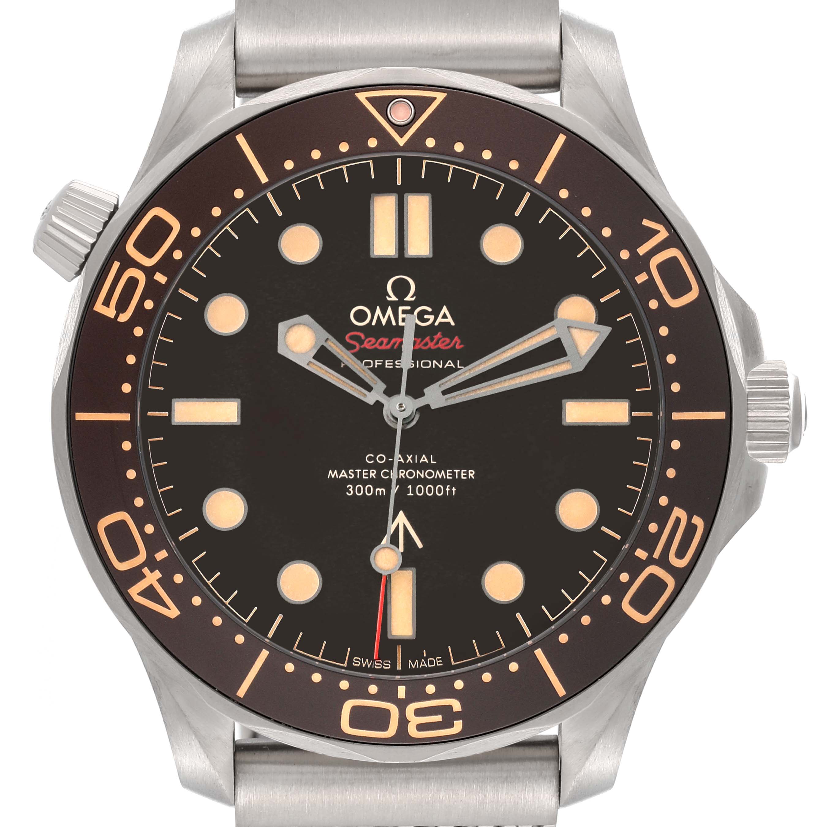 The image shows a front view of an Omega Seamaster 210.92.42.20.01.001 Men's Titanium Brown Dial 210.92.42.20.01.001 Men's Titanium Brown Dial watch, displaying the dial, bezel, and part of the bracelet.