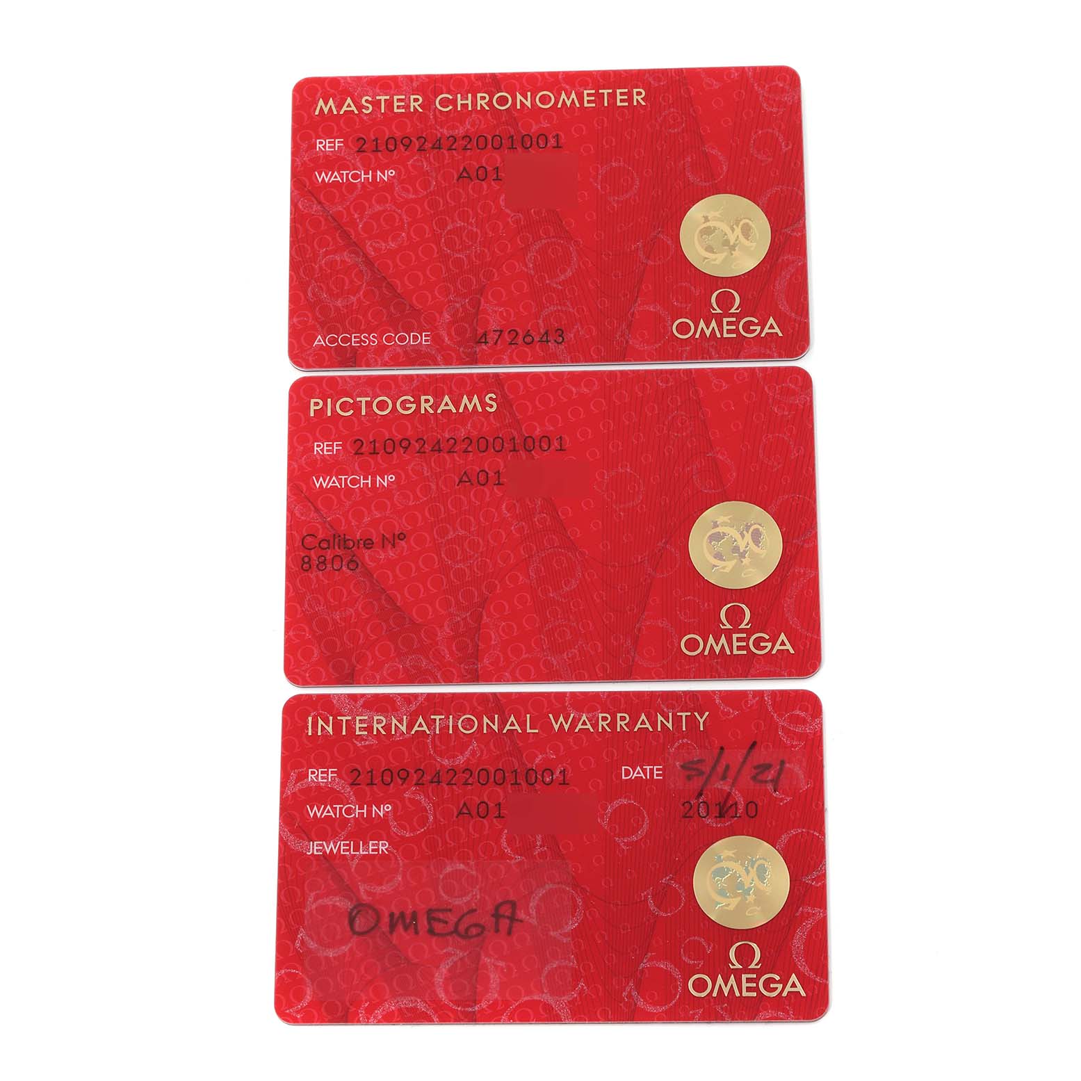 The image shows three Omega Seamaster 210.92.42.20.01.001 Men's Titanium Brown Dial 210.92.42.20.01.001 Men's Titanium Brown Dial cards: Master Chronometer, Pictograms, and International Warranty.