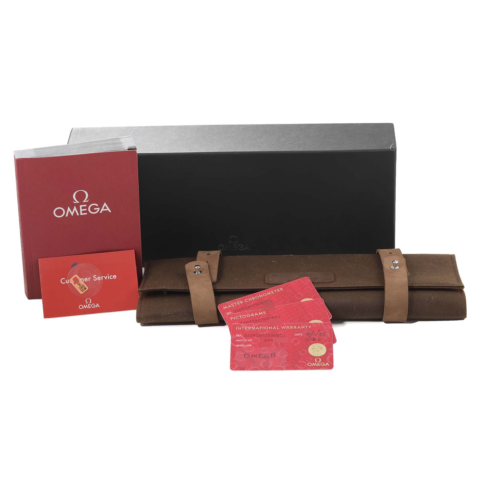 The image showcases the Omega Seamaster 210.92.42.20.01.001 Men's Titanium Brown Dial 210.92.42.20.01.001 Men's Titanium Brown Dial's accessories: a black box, a brown leather roll, user manual, and warranty cards, from the front angle.