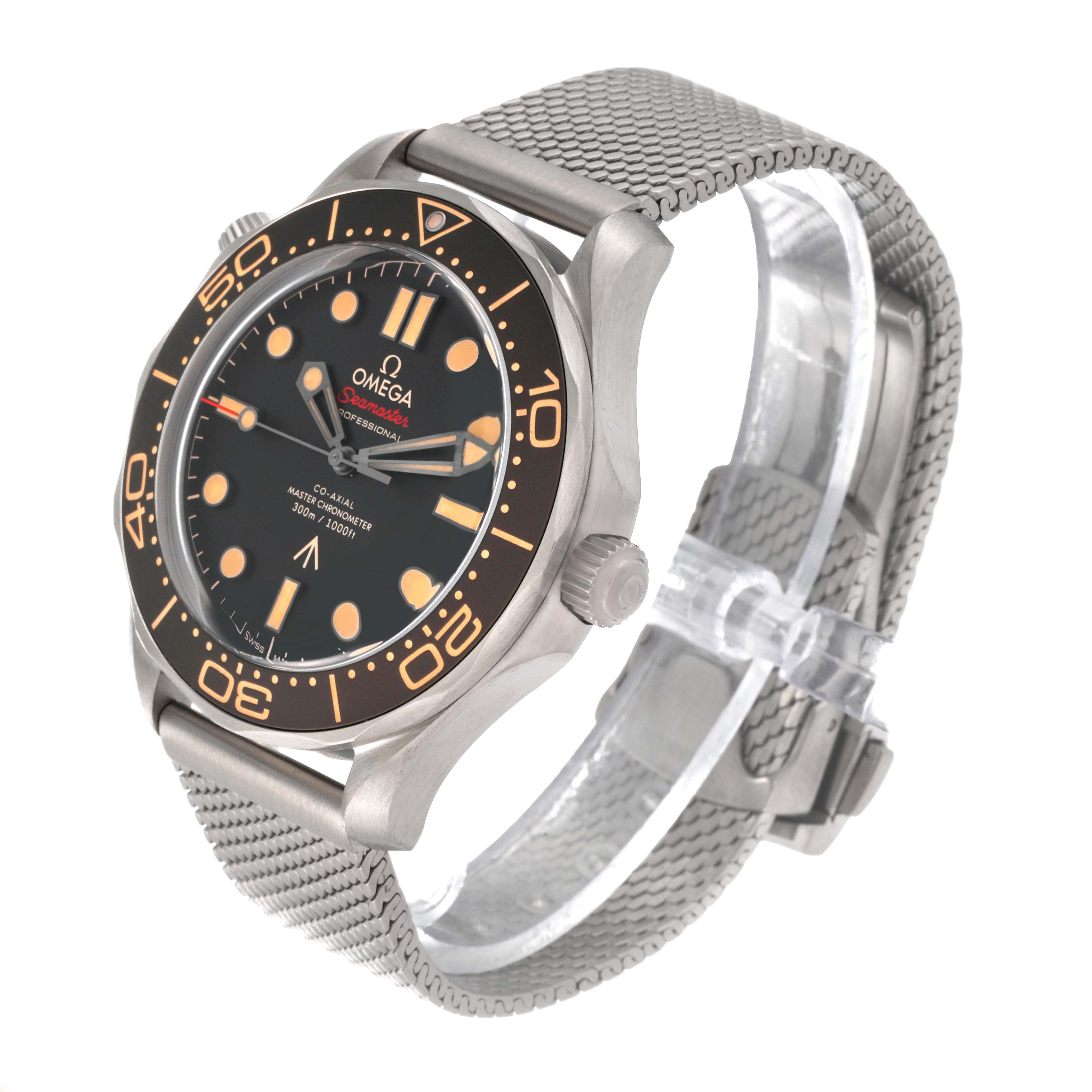 The image shows an Omega Seamaster 210.92.42.20.01.001 Men's Titanium Brown Dial 210.92.42.20.01.001 Men's Titanium Brown Dial watch from a front-slanted angle, highlighting the face, bezel, and metal mesh strap.