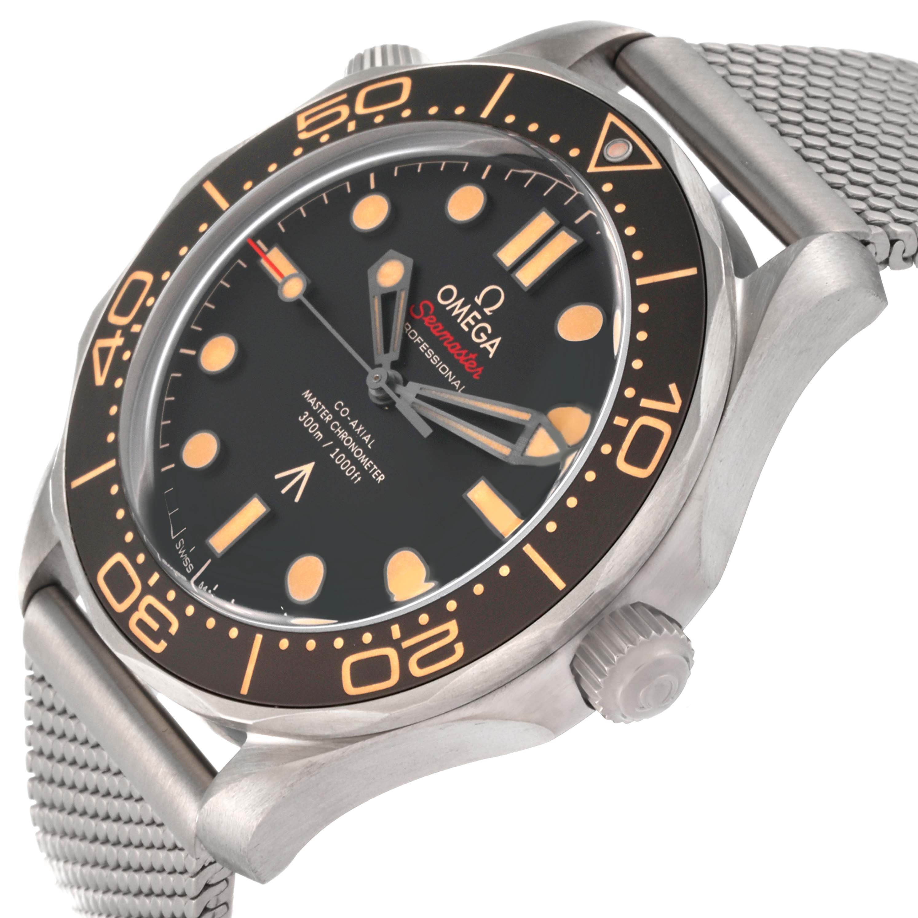 The Omega Seamaster 210.92.42.20.01.001 Men's Titanium Brown Dial 210.92.42.20.01.001 Men's Titanium Brown Dial watch is displayed at a three-quarter angle, showing the dial, bezel, crown, and part of the metal bracelet.