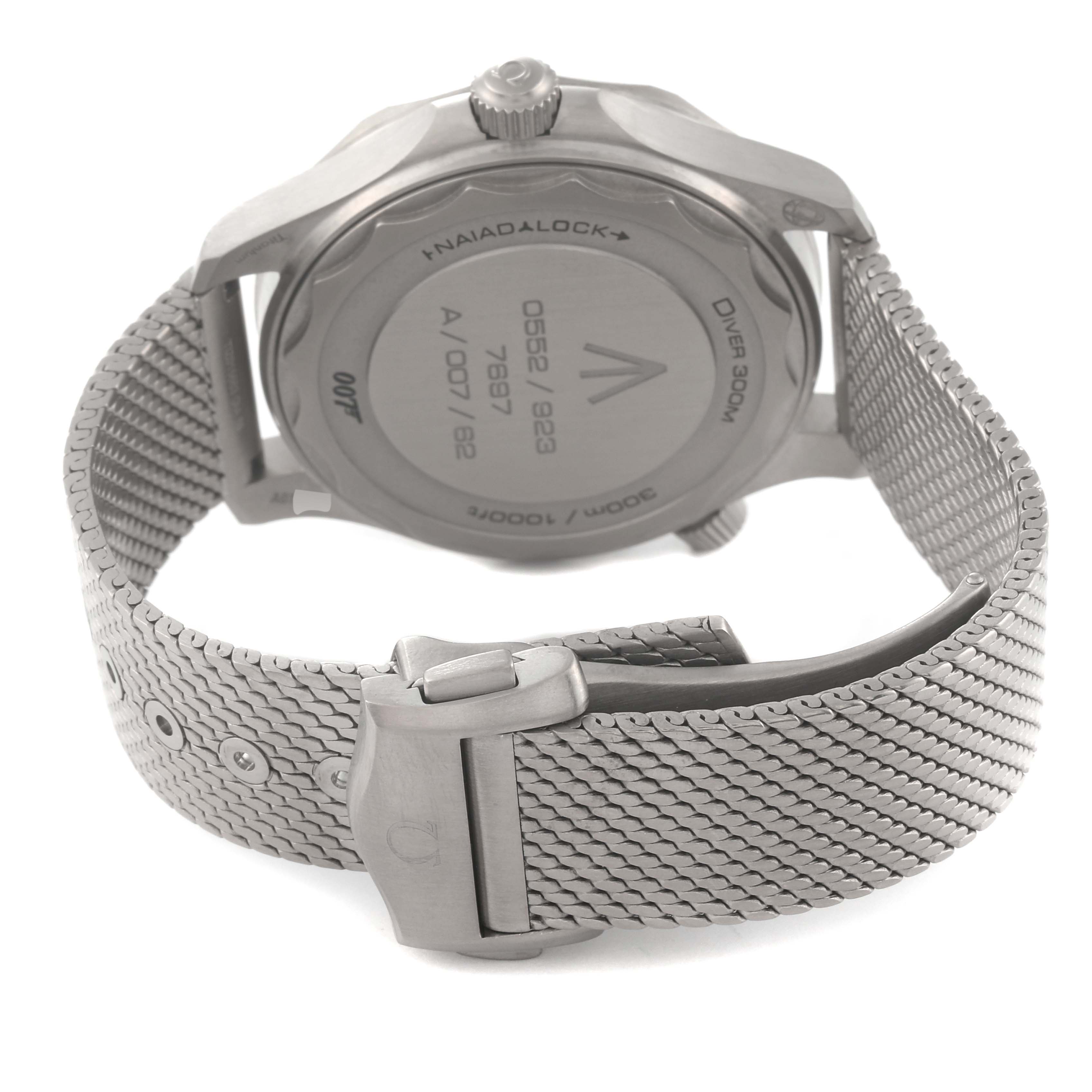 The image shows the back case and mesh bracelet with clasp of the Omega Seamaster 210.92.42.20.01.001 Men's Titanium Brown Dial 210.92.42.20.01.001 Men's Titanium Brown Dial model watch.