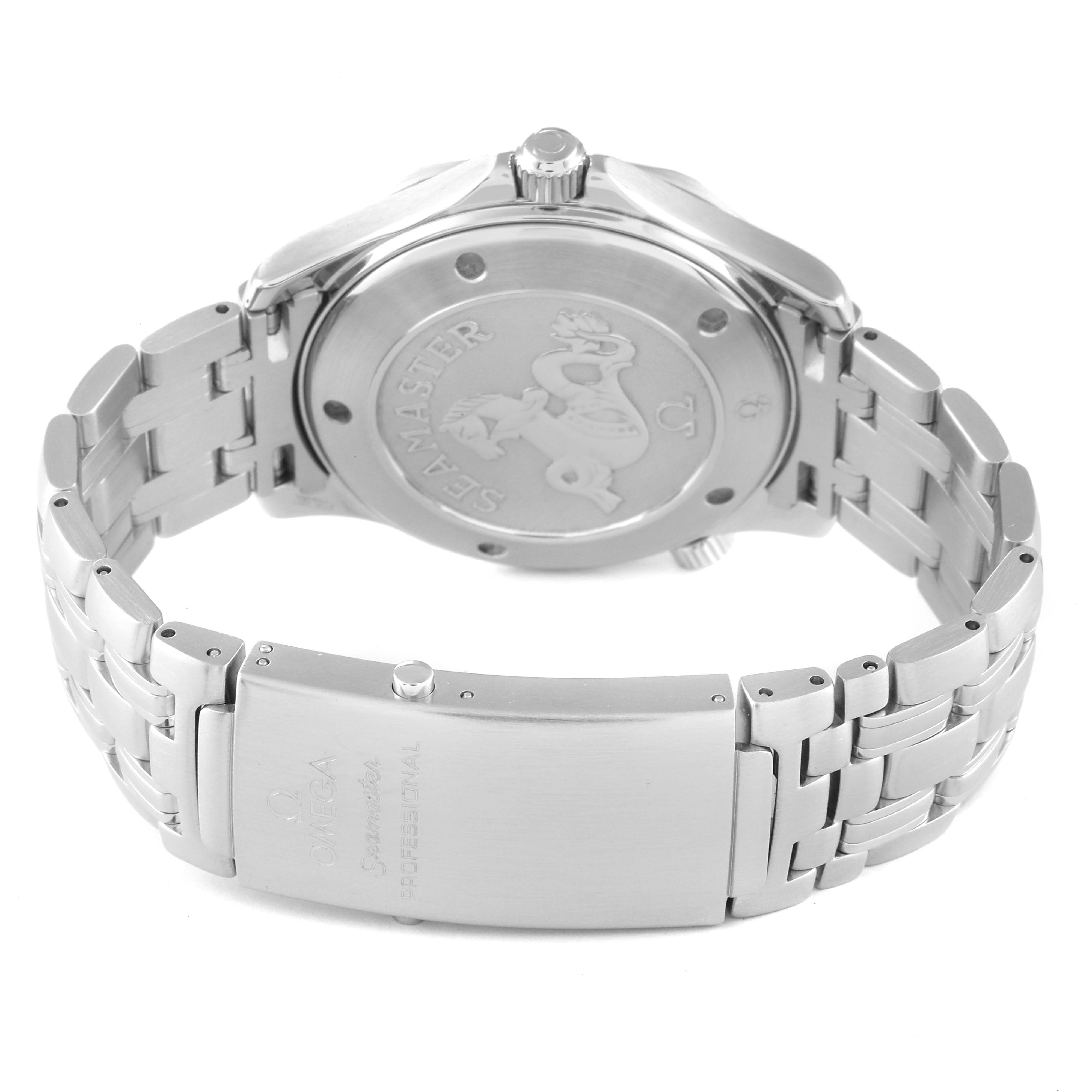 The image shows the back angle of an Omega Seamaster 212.30.41.61.01.001 Men's Stainless Steel Black Dial 212.30.41.61.01.001 Men's Stainless Steel Black Dial watch, highlighting the case back, crown, and the clasp of the metal bracelet.