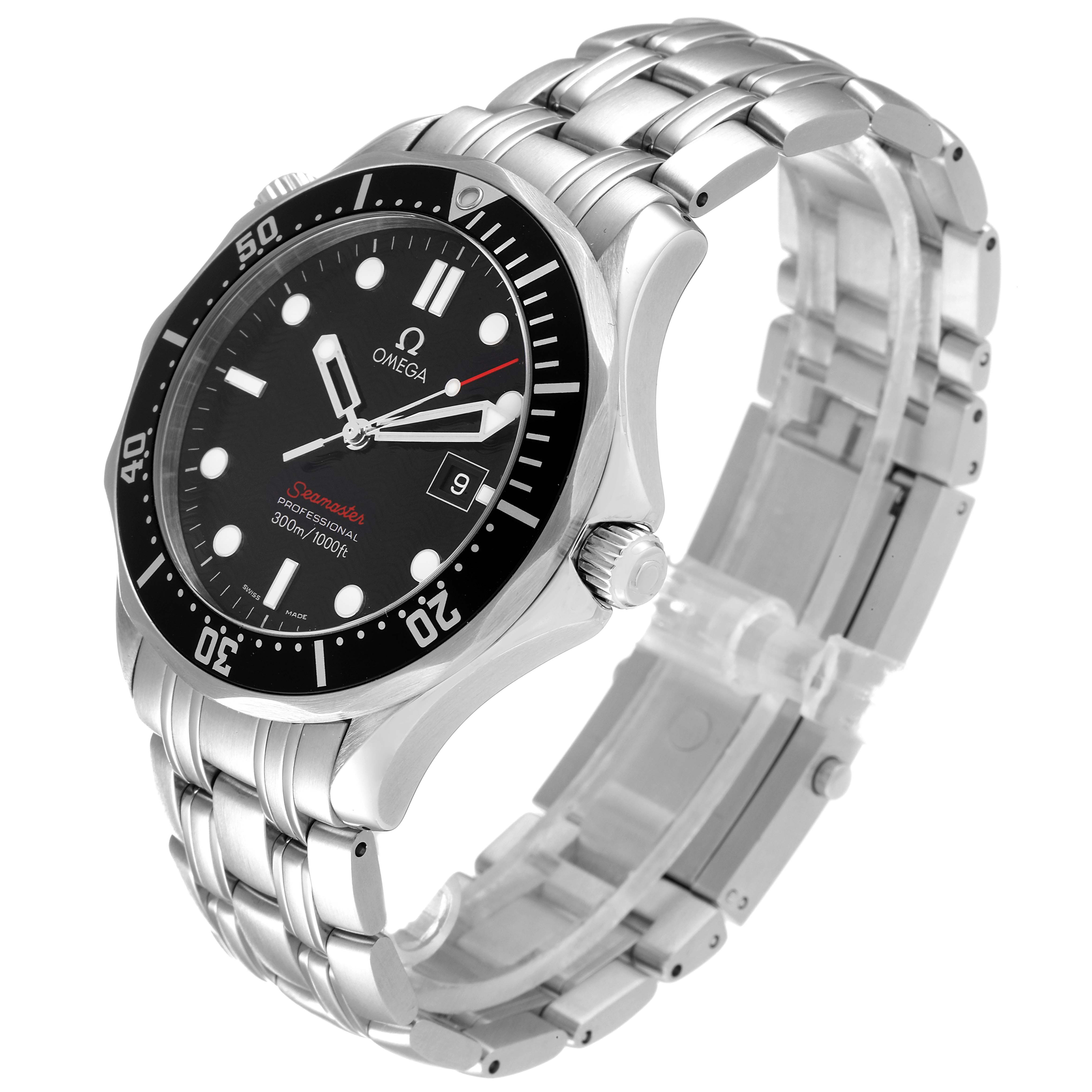 This image shows an angled view of the Omega Seamaster 212.30.41.61.01.001 Men's Stainless Steel Black Dial 212.30.41.61.01.001 Men's Stainless Steel Black Dial watch featuring the face, bezel, crown, and part of the metal bracelet.