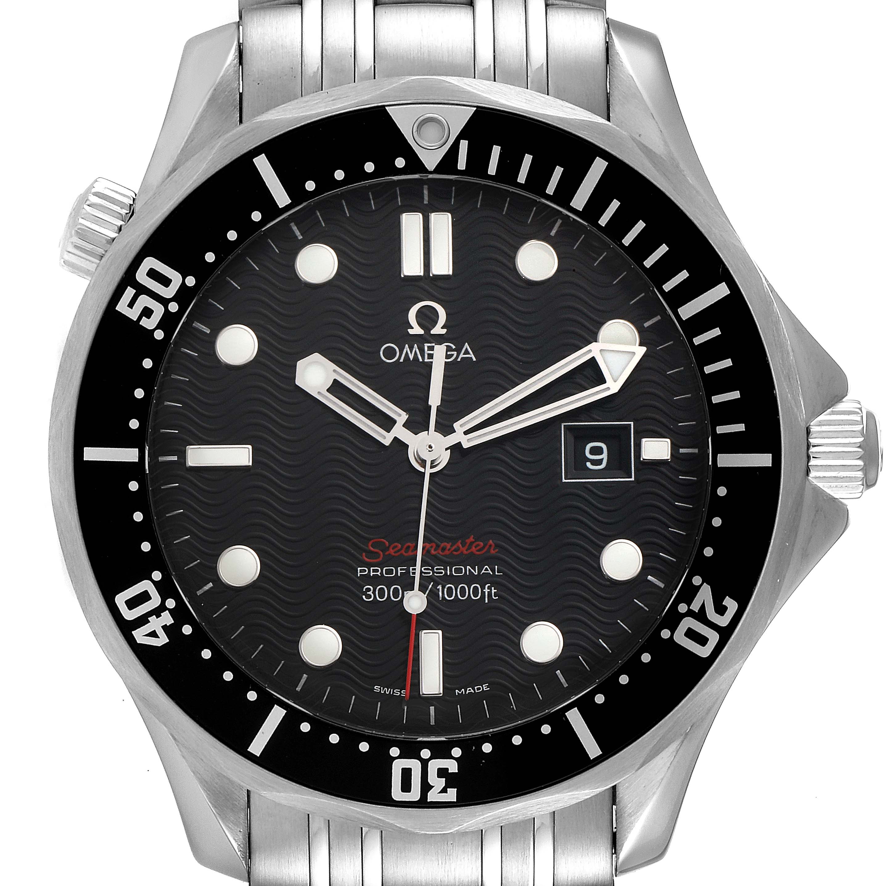 The image shows the front view of an Omega Seamaster 212.30.41.61.01.001 Men's Stainless Steel Black Dial 212.30.41.61.01.001 Men's Stainless Steel Black Dial watch, highlighting its dial, bezel, and part of the bracelet.