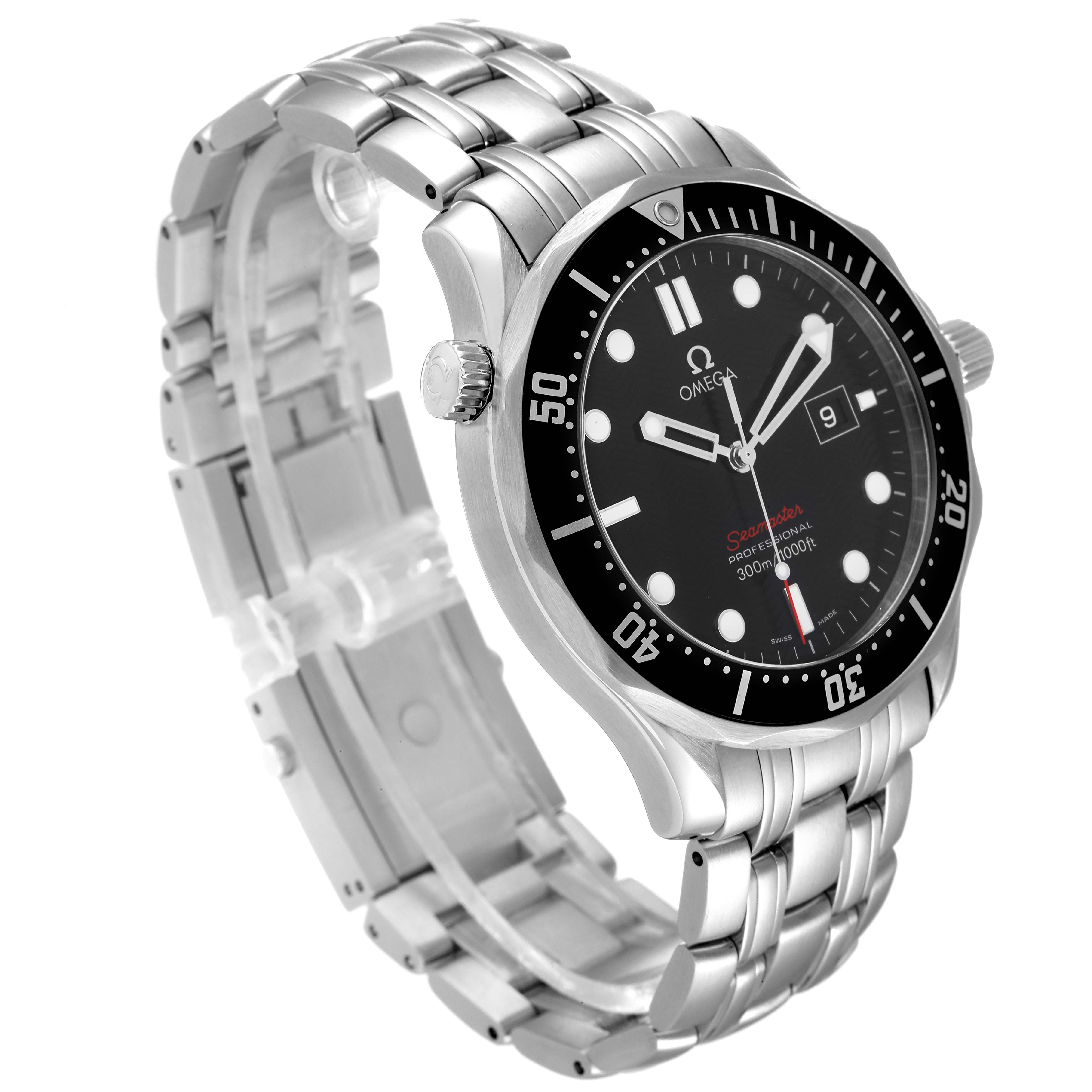 The image shows an angled view of an Omega Seamaster 212.30.41.61.01.001 Men's Stainless Steel Black Dial 212.30.41.61.01.001 Men's Stainless Steel Black Dial watch, showcasing the face, bezel, crown, and stainless steel bracelet.