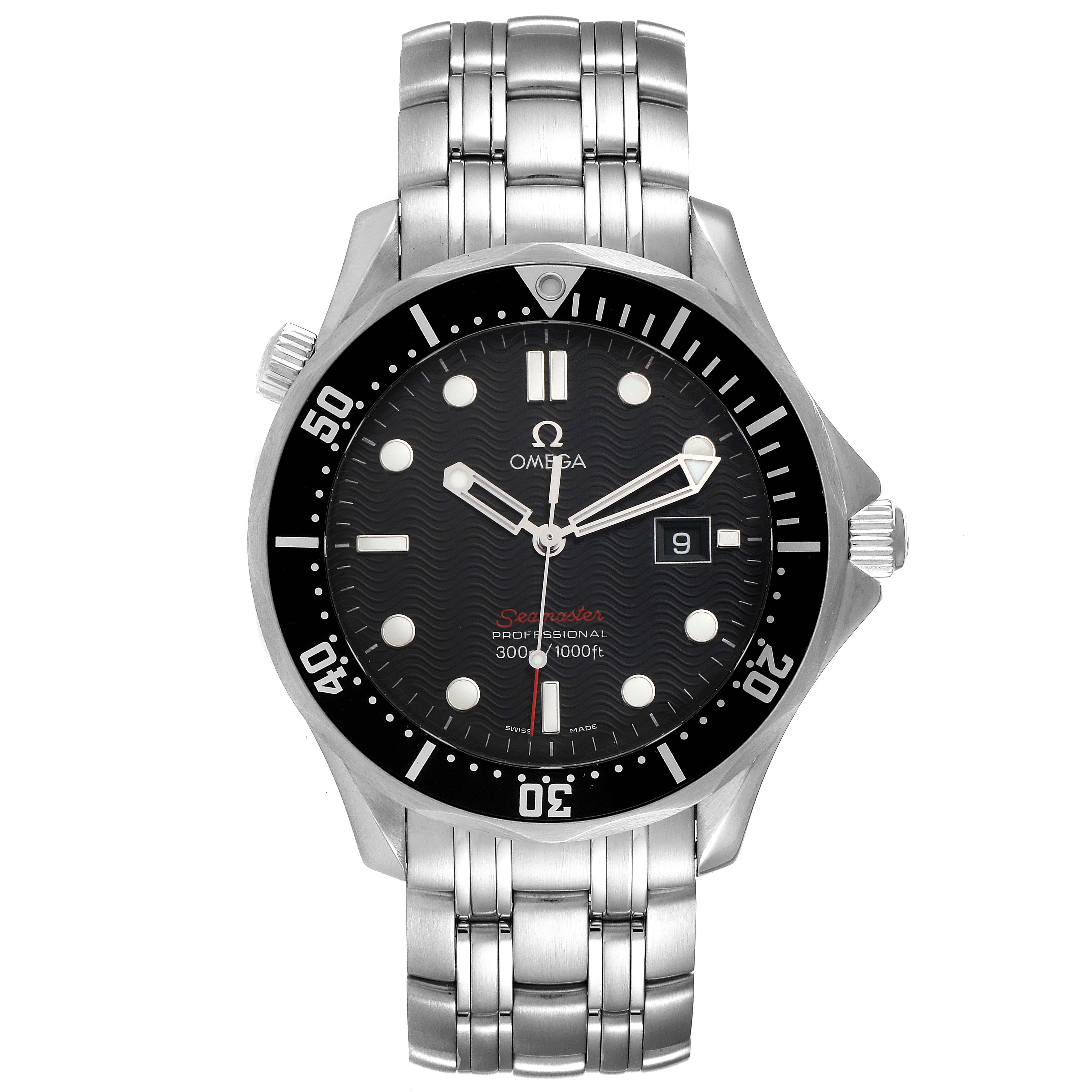 The image shows a front view of an Omega Seamaster 212.30.41.61.01.001 Men's Stainless Steel Black Dial 212.30.41.61.01.001 Men's Stainless Steel Black Dial watch, highlighting its black dial, stainless steel bracelet, and date window.