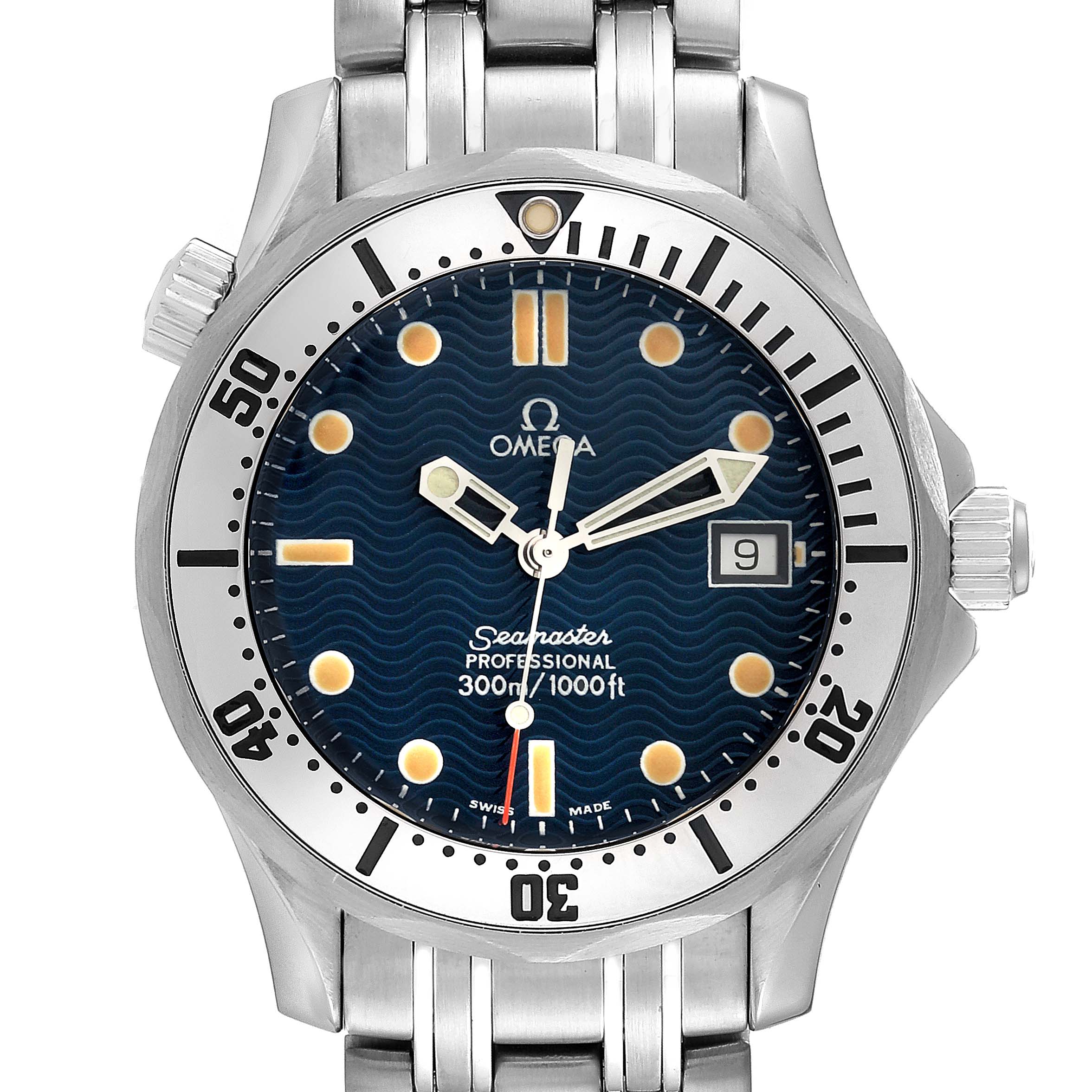 The Omega Seamaster 2562.80.00 Men
s Stainless Steel Blue Dial 2562.80.00 Men
s Stainless Steel Blue Dial watch is shown from a straight-on angle, displaying the dial, bezel, case, and part of the bracelet.