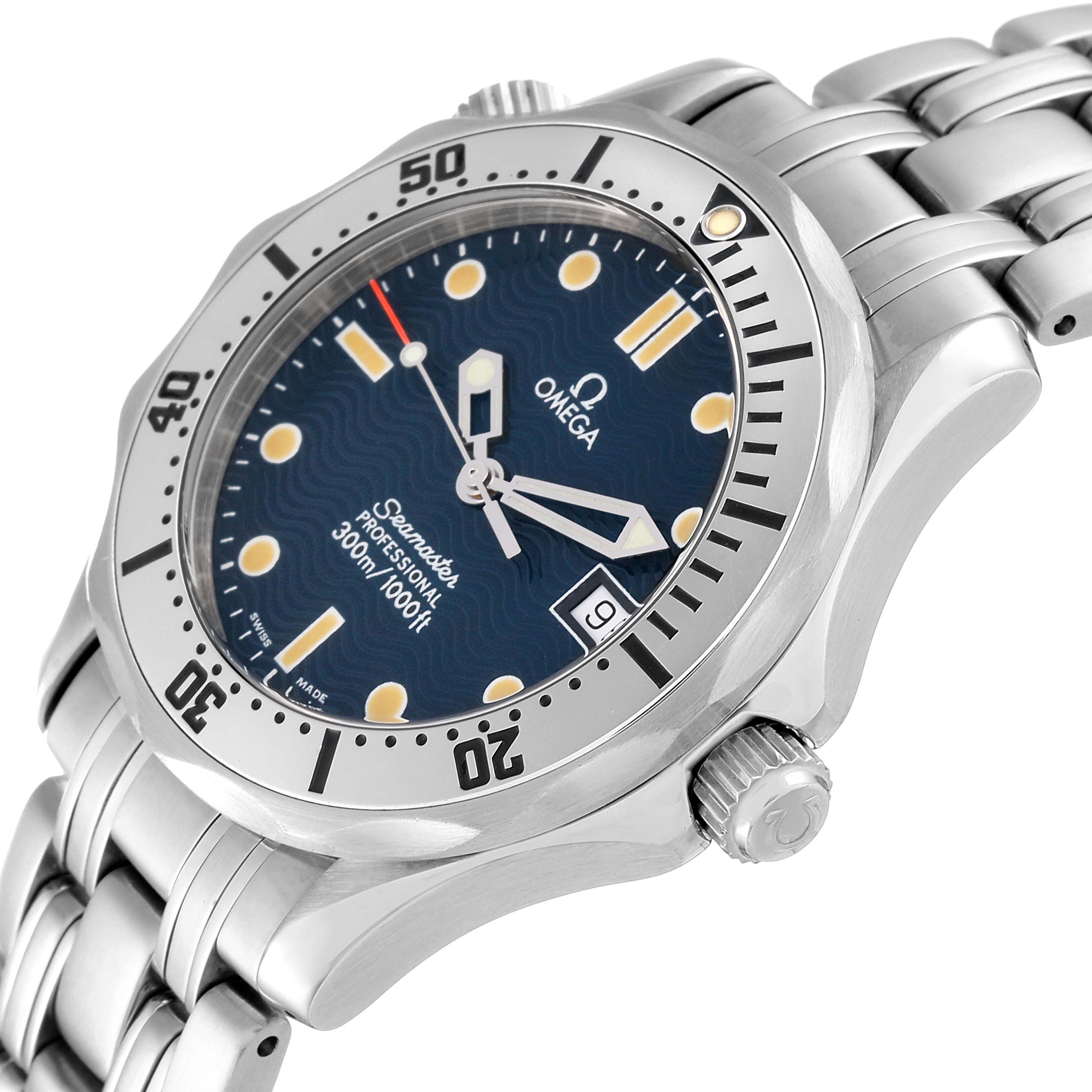 The image shows a side and front angle of an Omega Seamaster 2562.80.00 Men
s Stainless Steel Blue Dial 2562.80.00 Men
s Stainless Steel Blue Dial watch, displaying its dial, bezel, crown, and bracelet.