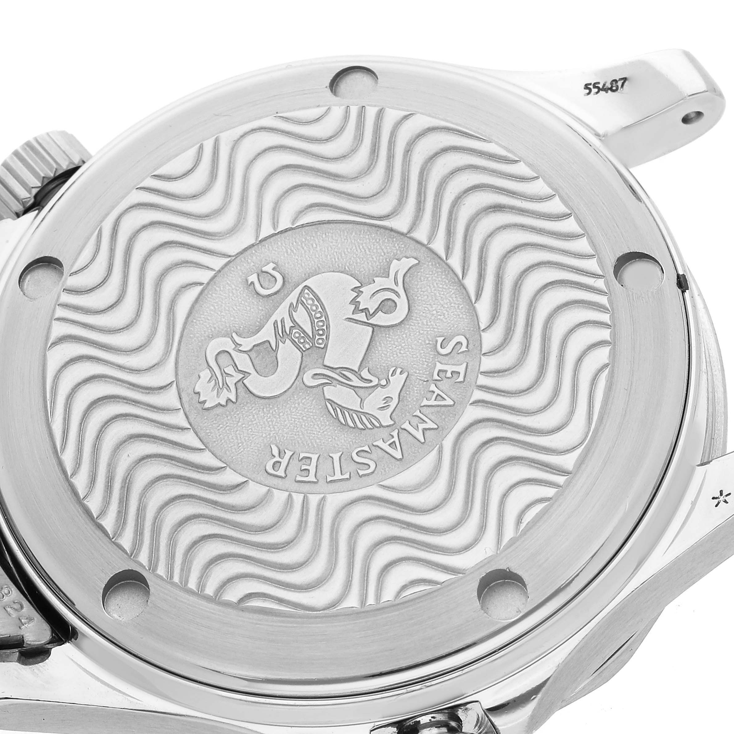 The image shows the case back of an Omega Seamaster 2562.80.00 Men
s Stainless Steel Blue Dial 2562.80.00 Men
s Stainless Steel Blue Dial watch at a slight angle, featuring the engraved logo and wave pattern.