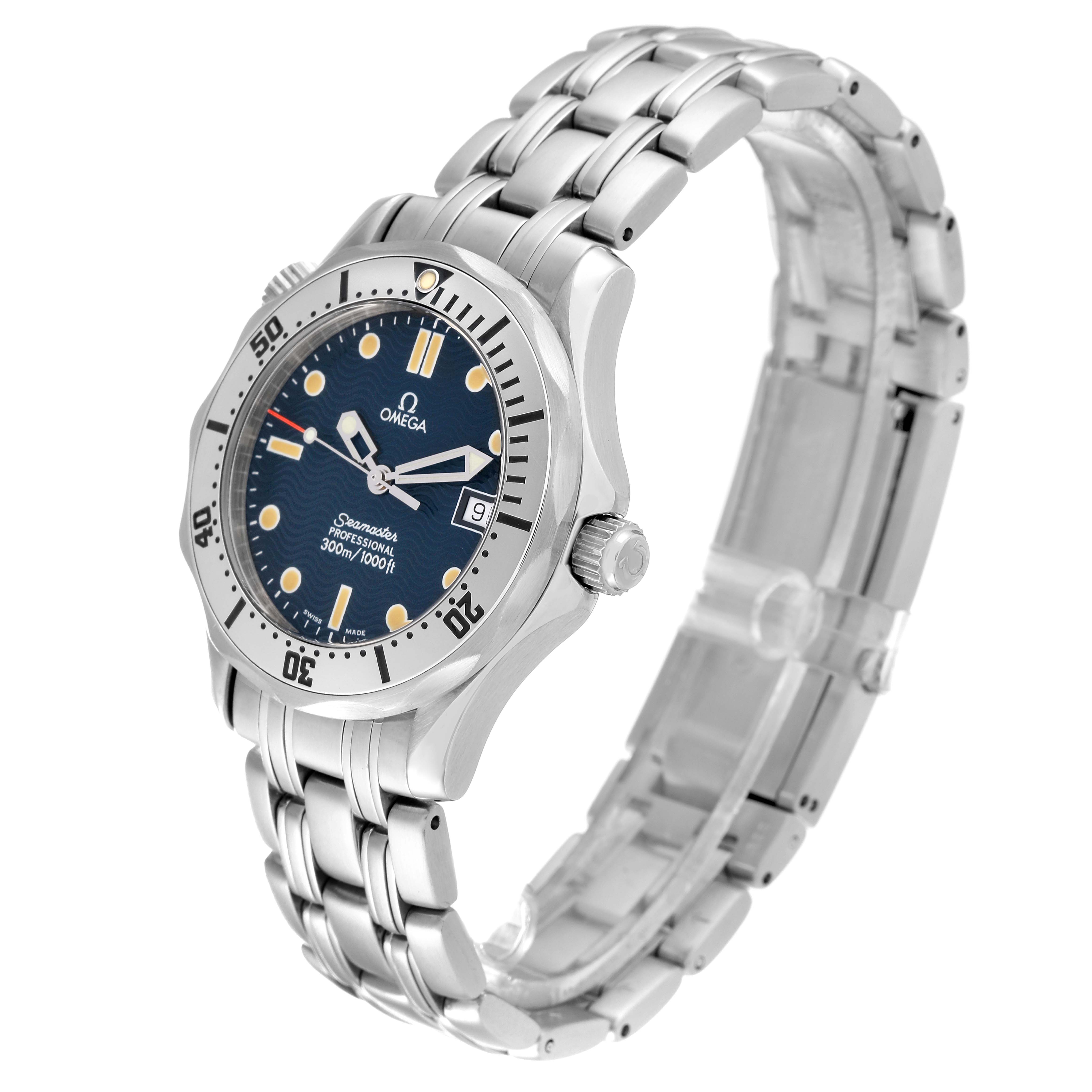 The image shows an Omega Seamaster 2562.80.00 Men
s Stainless Steel Blue Dial 2562.80.00 Men
s Stainless Steel Blue Dial watch at a three-quarter angle, highlighting the dial, bezel, crown, and metal bracelet.