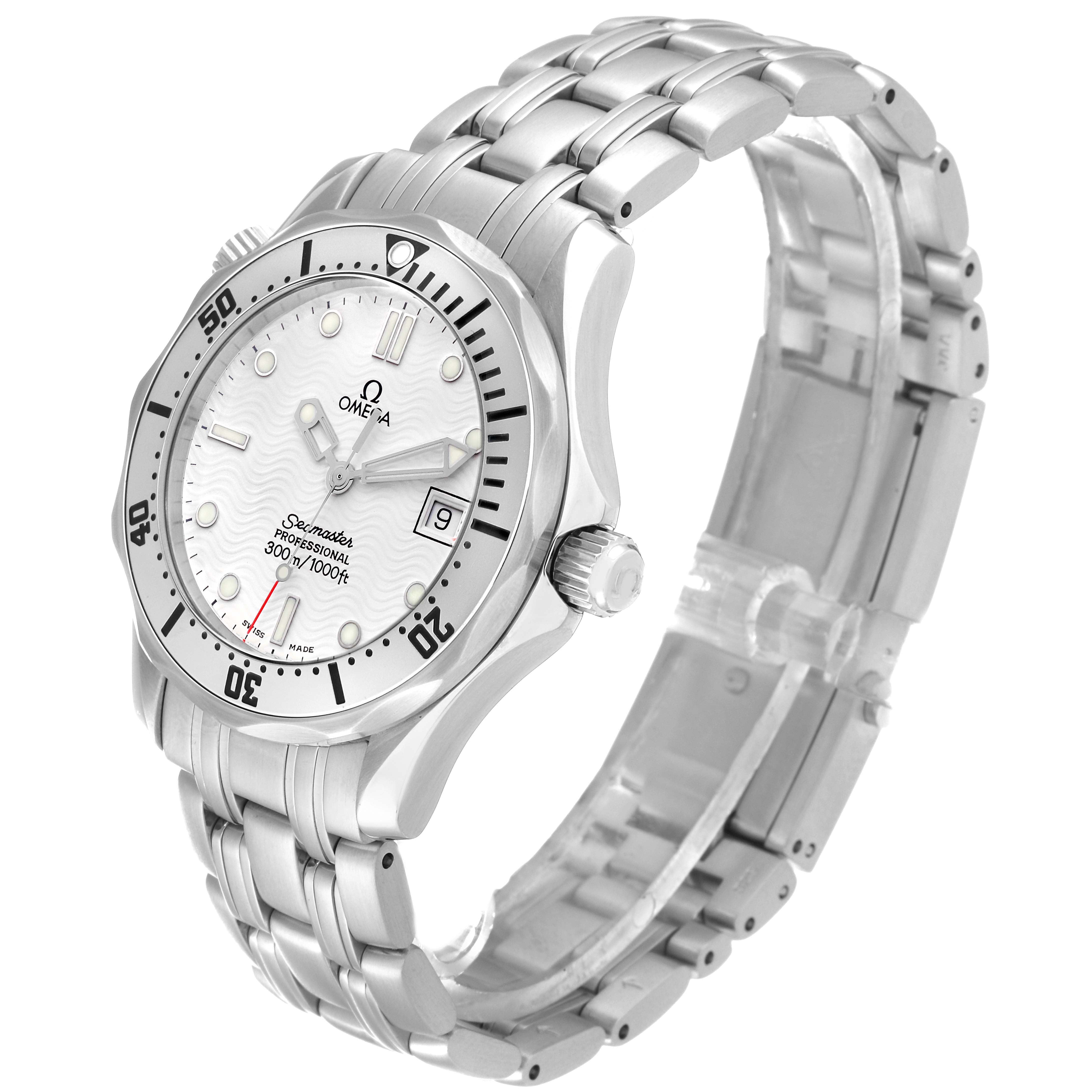 The image shows an Omega Seamaster 2562.20.00 Men
s Stainless Steel White Dial 2562.20.00 Men
s Stainless Steel White Dial watch at a slight angle, highlighting its face, bezel, crown, and metal bracelet.