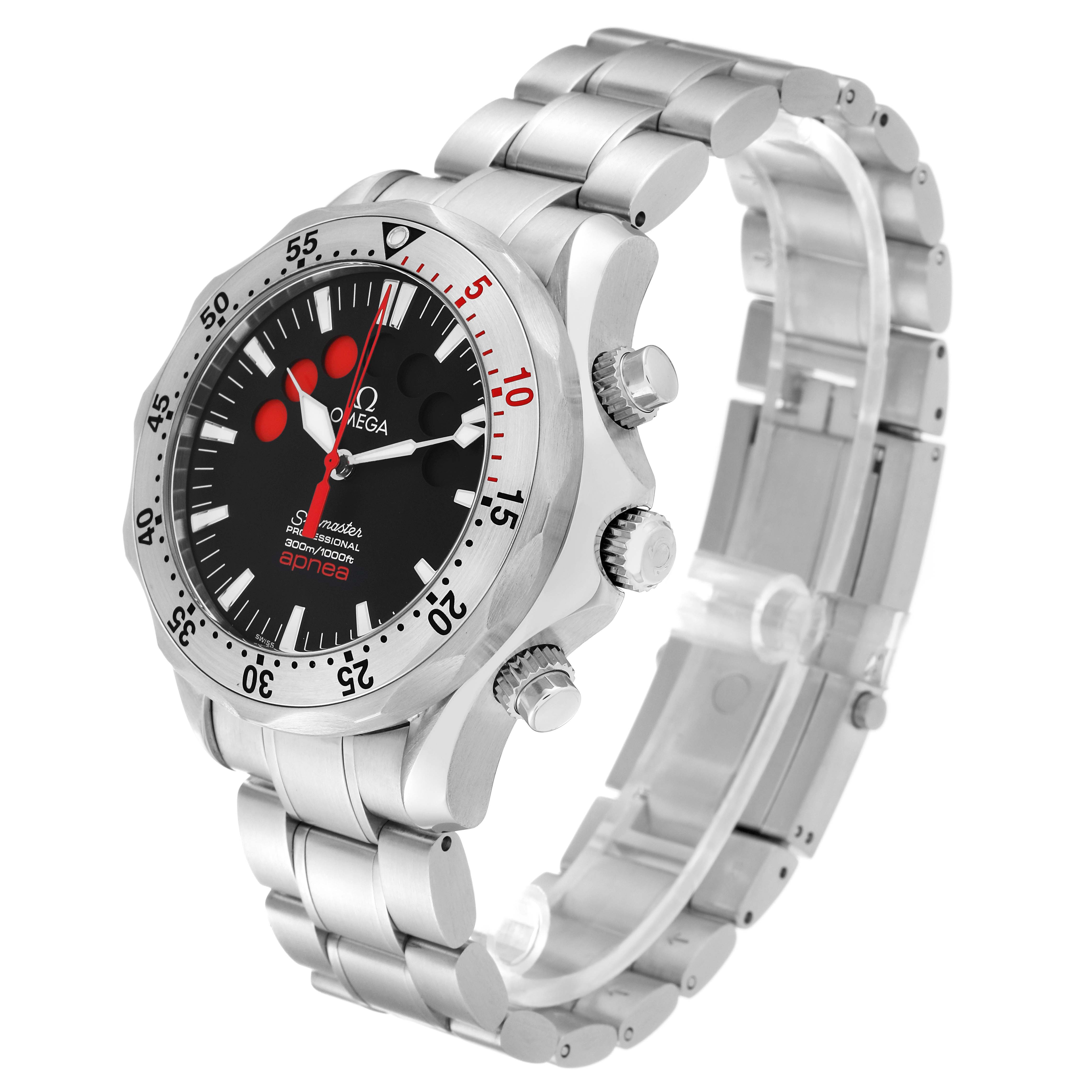 The Omega Seamaster 2595.50.00 Men's Stainless Steel Black Dial 2595.50.00 Men's Stainless Steel Black Dial watch is shown at a 3 o'clock angle, highlighting the bezel, dial, and metal bracelet.