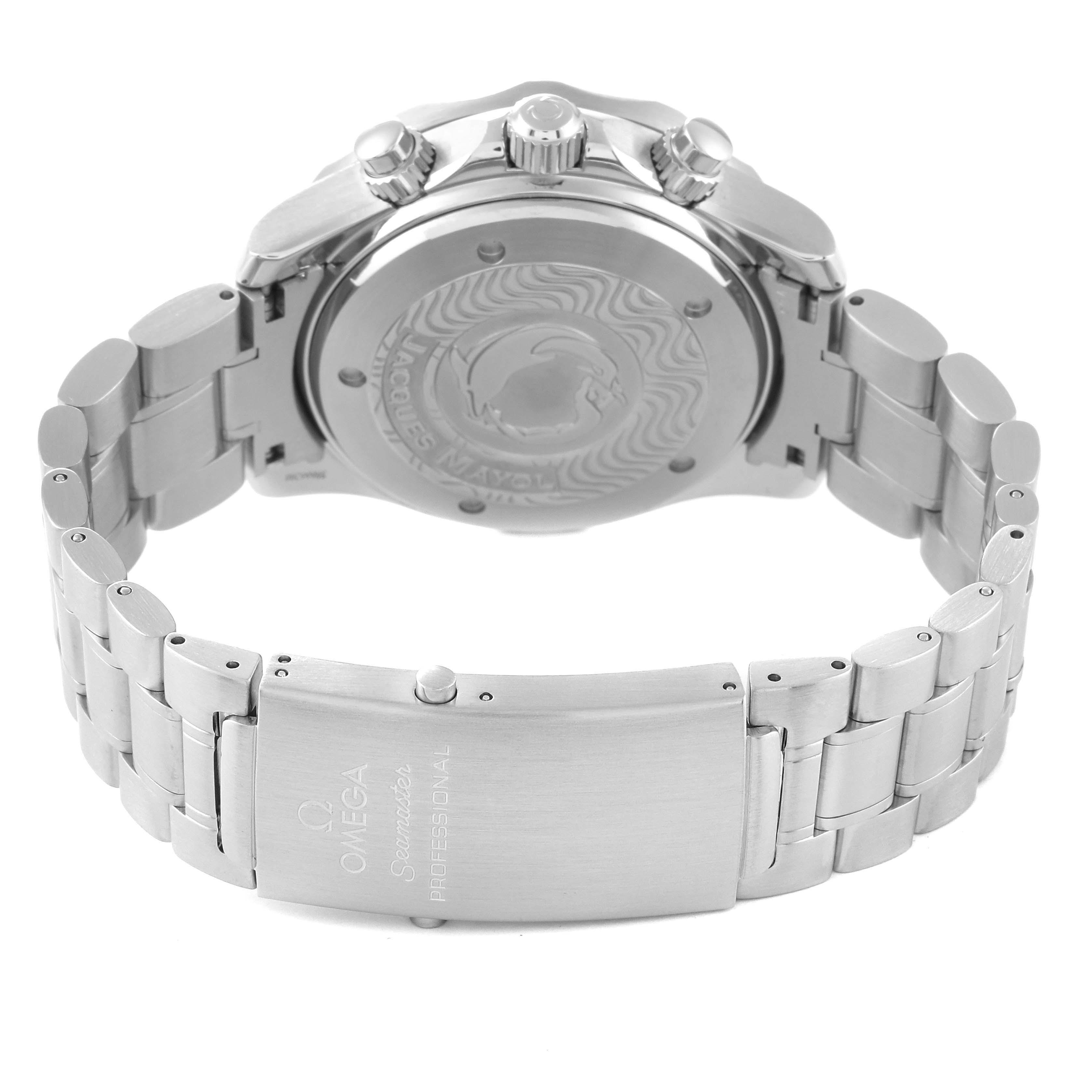 The image shows the back and clasp of an Omega Seamaster 2595.50.00 Men's Stainless Steel Black Dial 2595.50.00 Men's Stainless Steel Black Dial watch at a rear angle.