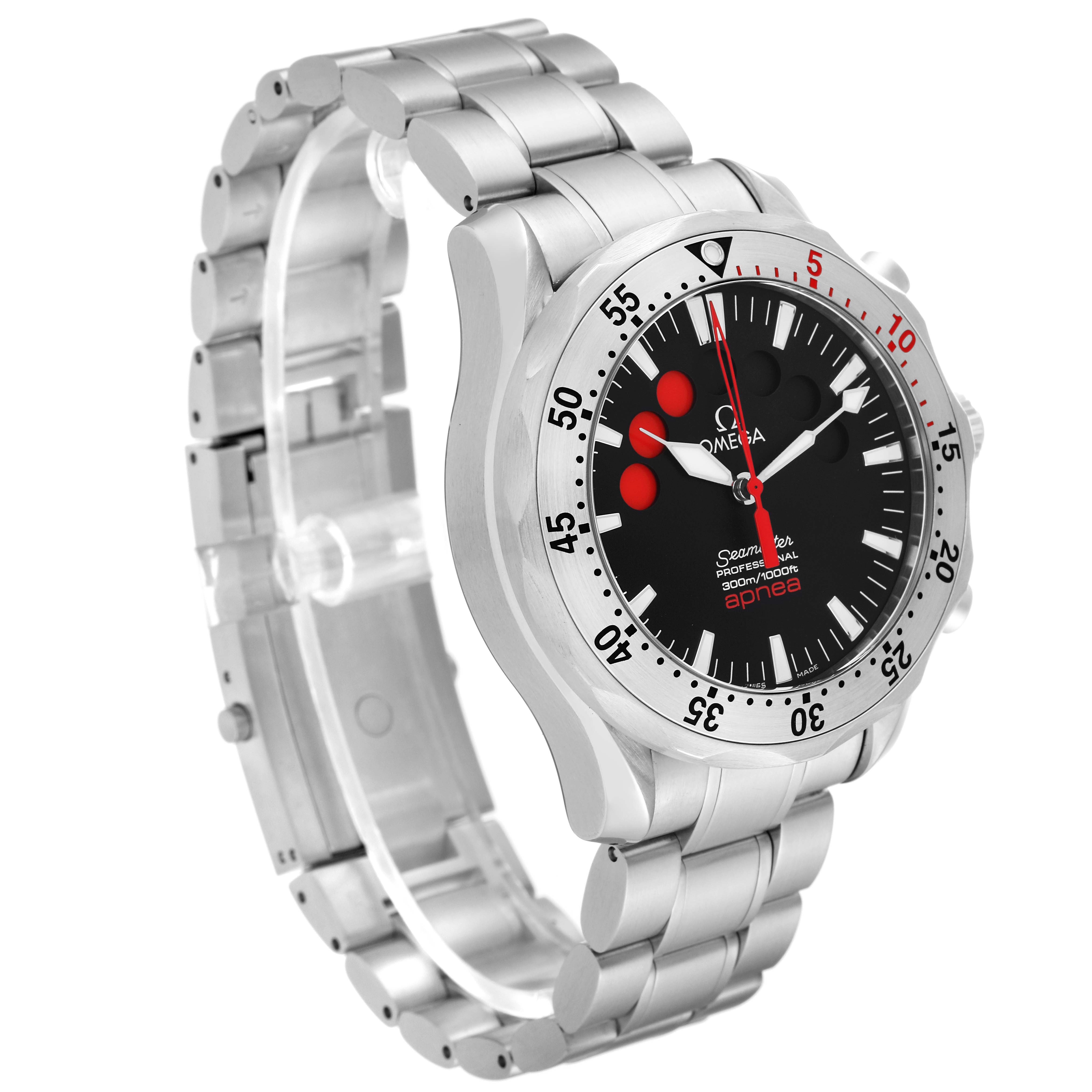 The image shows an angled front and side view of the Omega Seamaster 2595.50.00 Men's Stainless Steel Black Dial 2595.50.00 Men's Stainless Steel Black Dial watch, highlighting its dial, bezel, and metal bracelet.