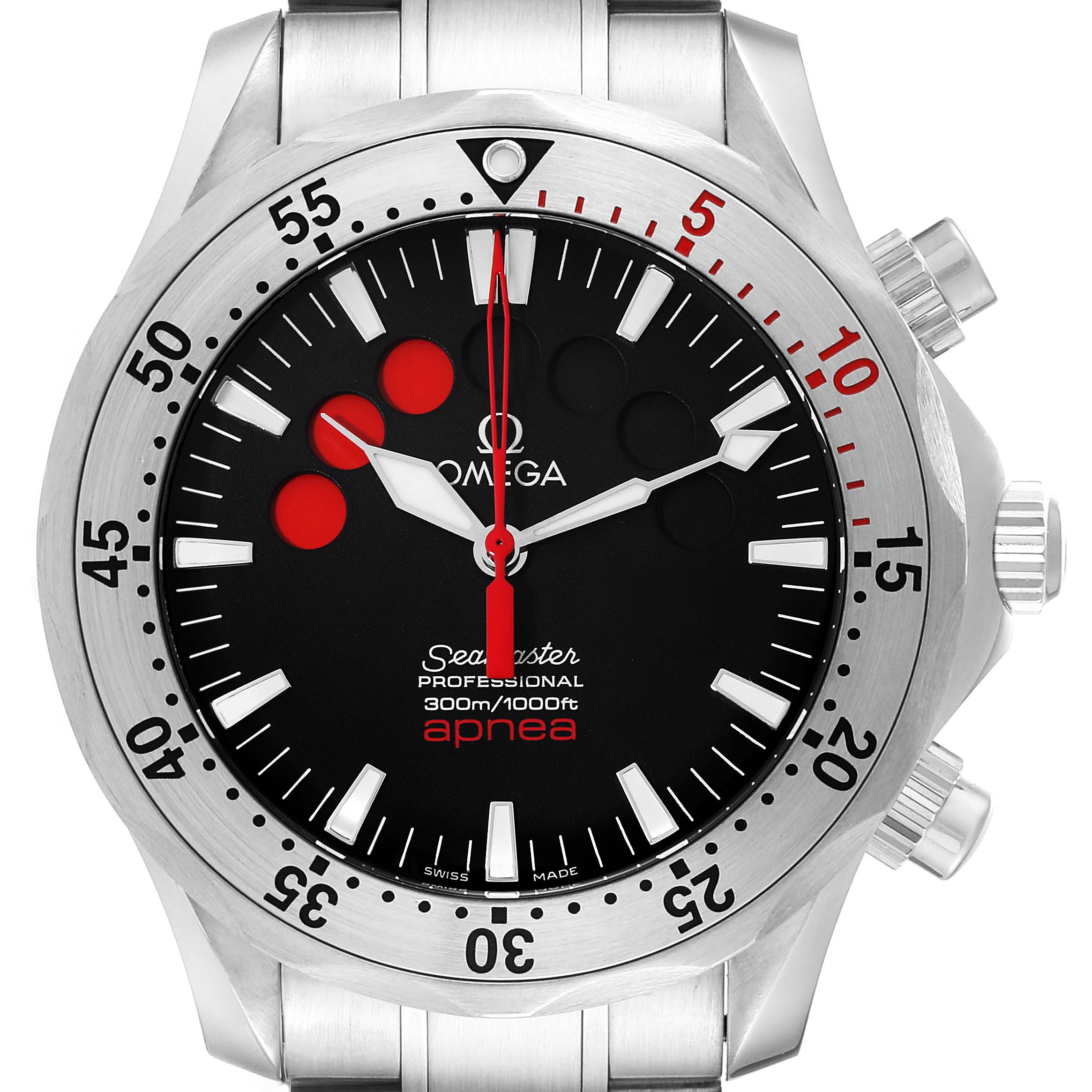 The image shows a frontal view of the Omega Seamaster 2595.50.00 Men's Stainless Steel Black Dial 2595.50.00 Men's Stainless Steel Black Dial Professional Apnea watch, highlighting the bezel, dial, and side buttons.