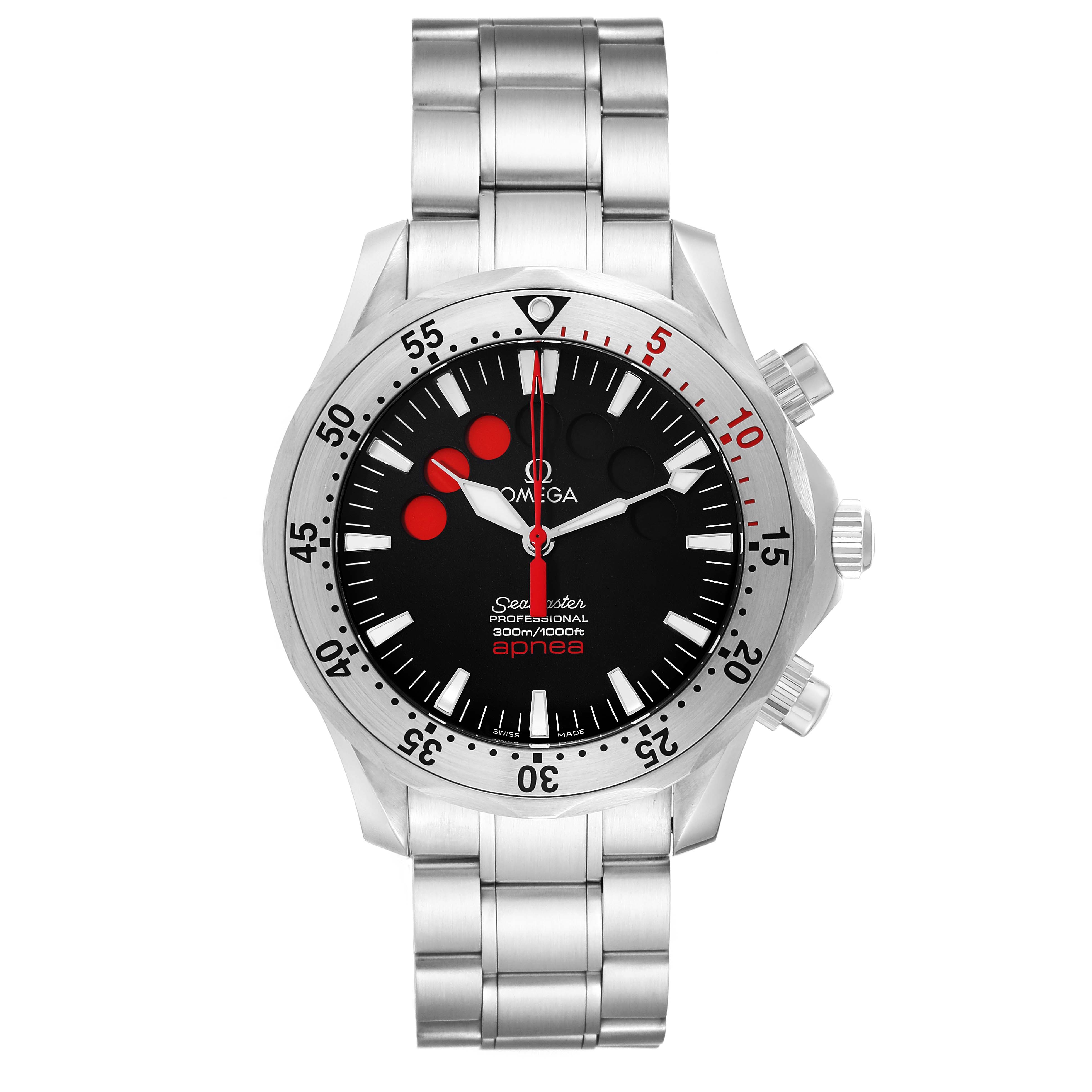 The image shows a front view of the Omega Seamaster 2595.50.00 Men's Stainless Steel Black Dial 2595.50.00 Men's Stainless Steel Black Dial model watch, highlighting its face, bezel, and stainless steel bracelet.