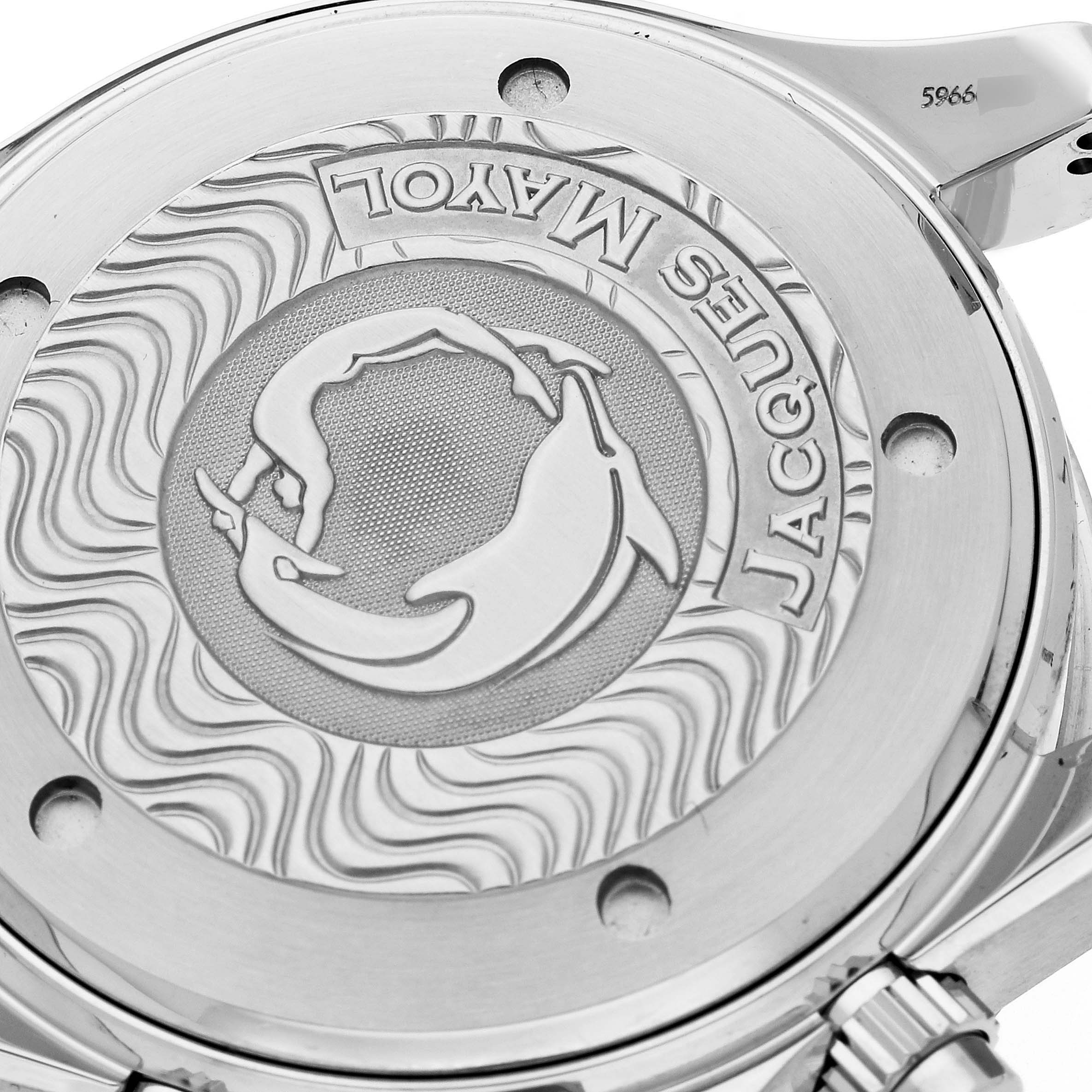 The image shows a close-up of the case back of an Omega Seamaster 2595.50.00 Men's Stainless Steel Black Dial 2595.50.00 Men's Stainless Steel Black Dial watch, featuring engraved details and text.