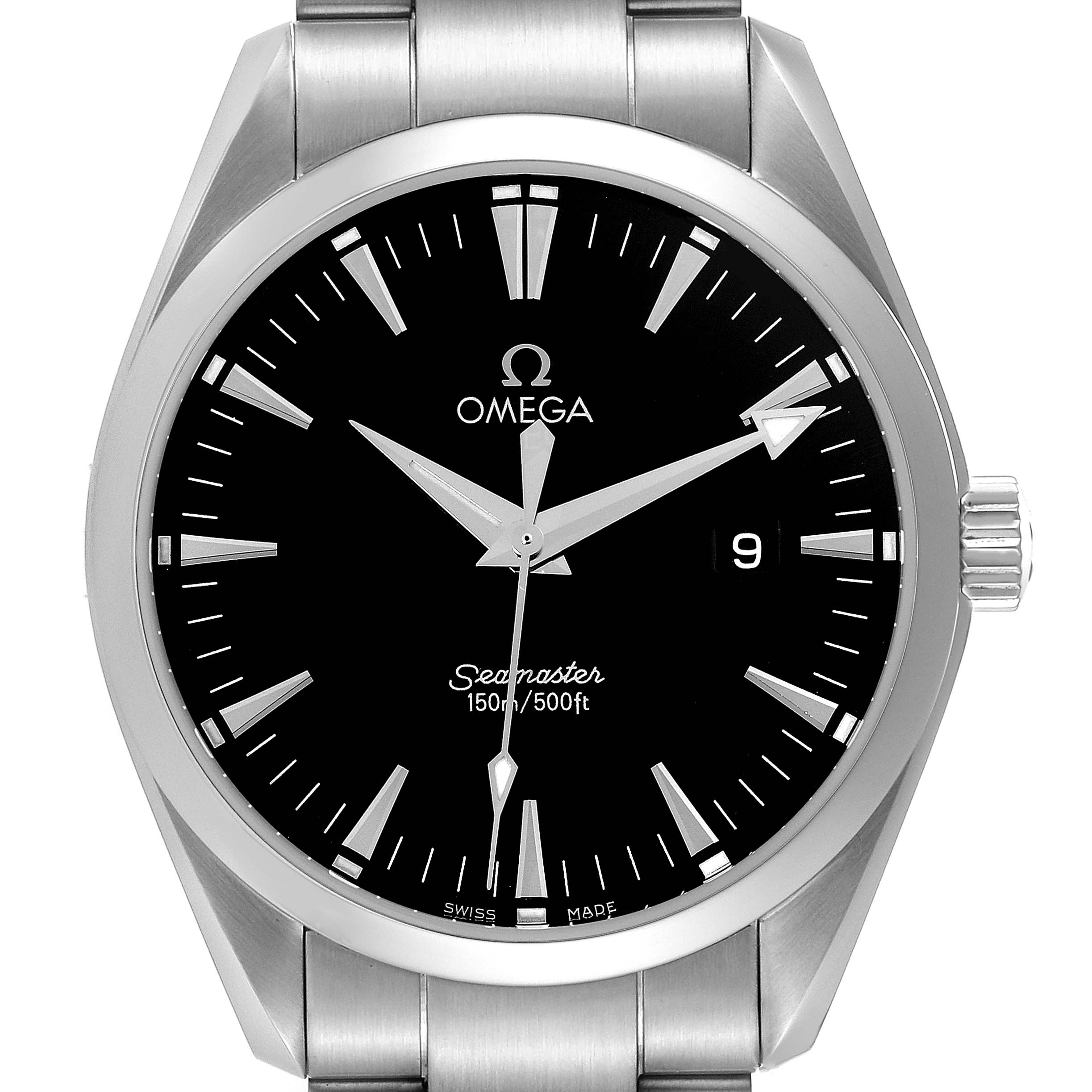 This image shows the Omega Aqua Terra 2517.50.00 Men's Stainless Steel Black Dial 2517.50.00 Men's Stainless Steel Black Dial watch model from the front angle, displaying the dial, hands, date window, and part of the bracelet.