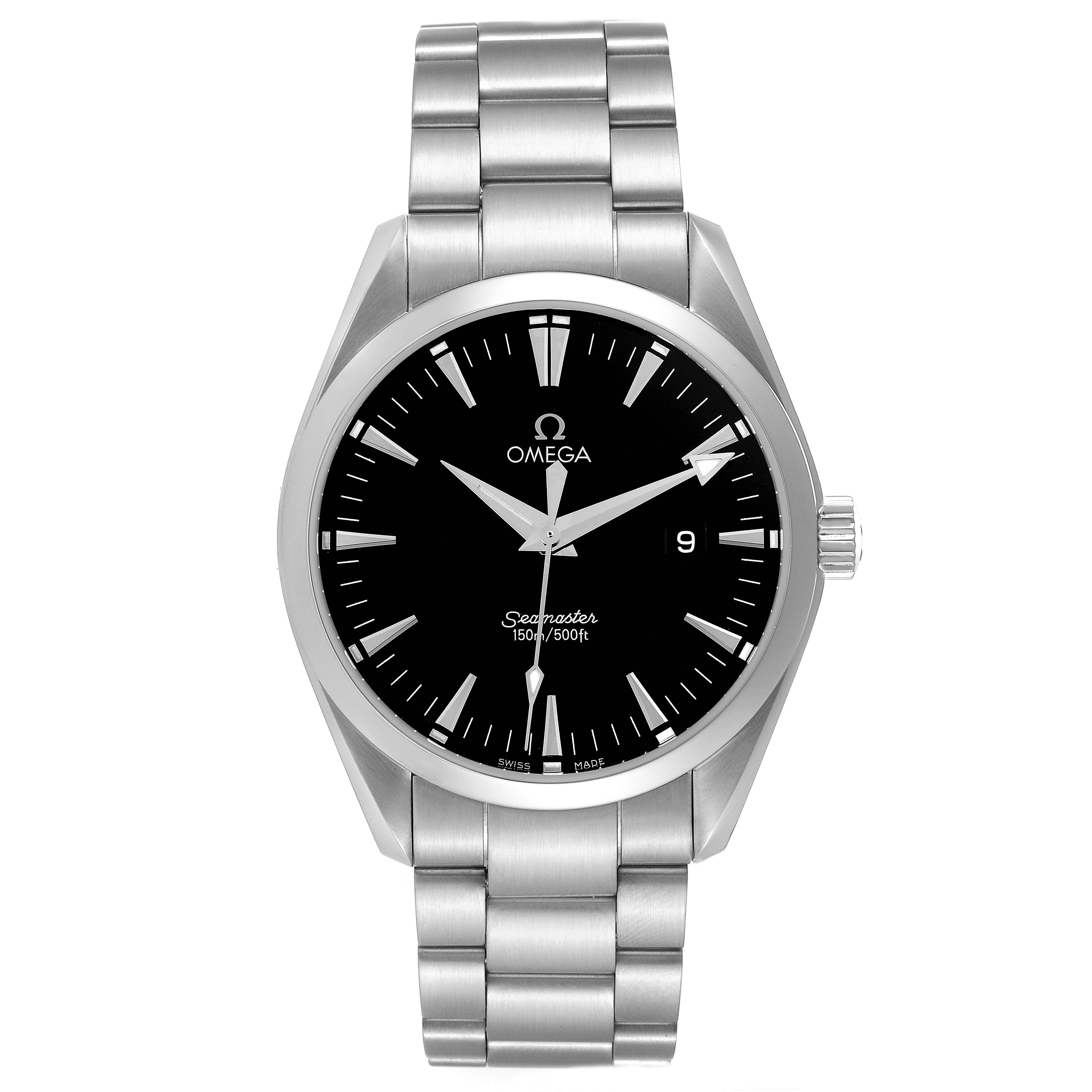 The image shows a frontal view of an Omega Aqua Terra 2517.50.00 Men's Stainless Steel Black Dial 2517.50.00 Men's Stainless Steel Black Dial watch, displaying its black dial, stainless steel bracelet, and crown.