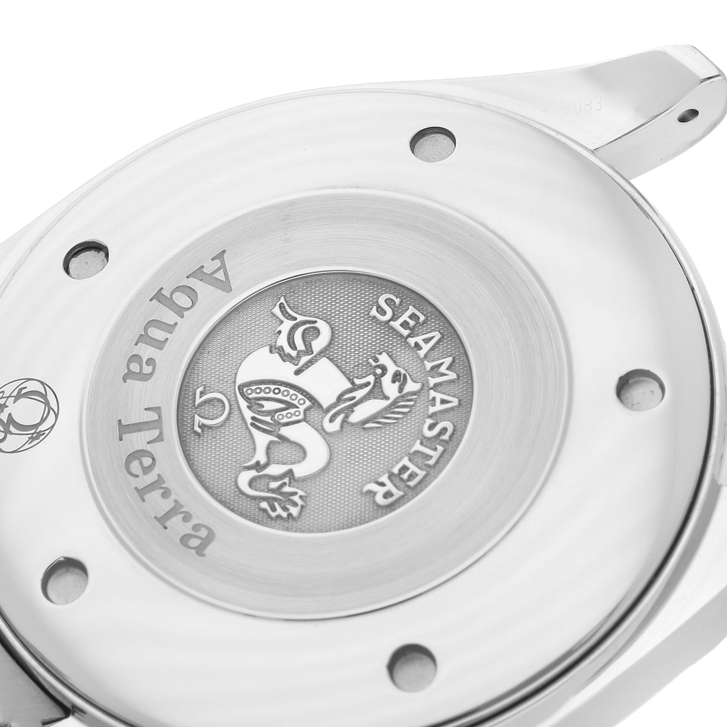 The image shows the case back of the Omega Aqua Terra 2517.50.00 Men's Stainless Steel Black Dial 2517.50.00 Men's Stainless Steel Black Dial watch, featuring the Seamaster engraving and logo.