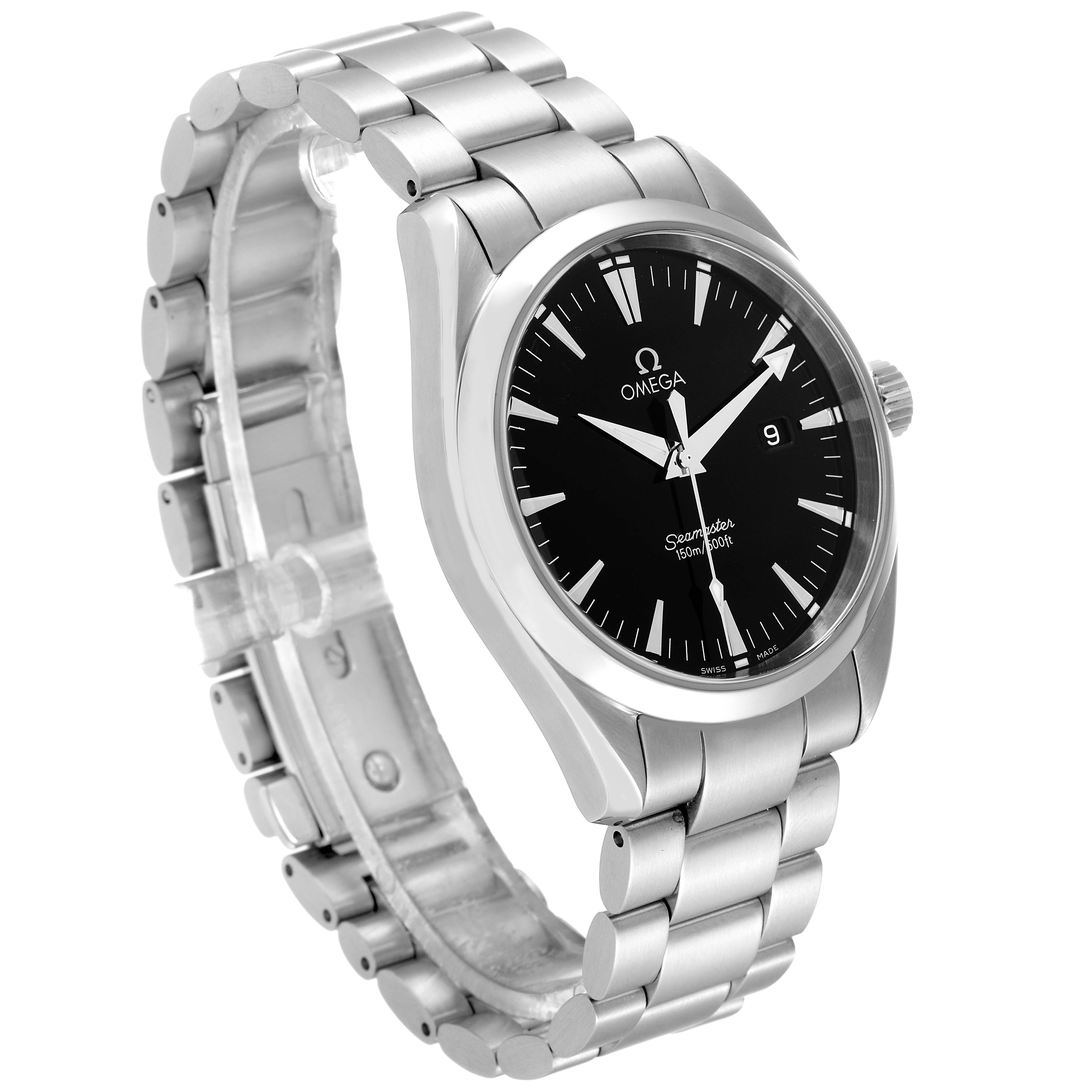 The image shows an Omega Aqua Terra 2517.50.00 Men's Stainless Steel Black Dial 2517.50.00 Men's Stainless Steel Black Dial watch at a slight side angle, highlighting the black dial, case, and metal bracelet.