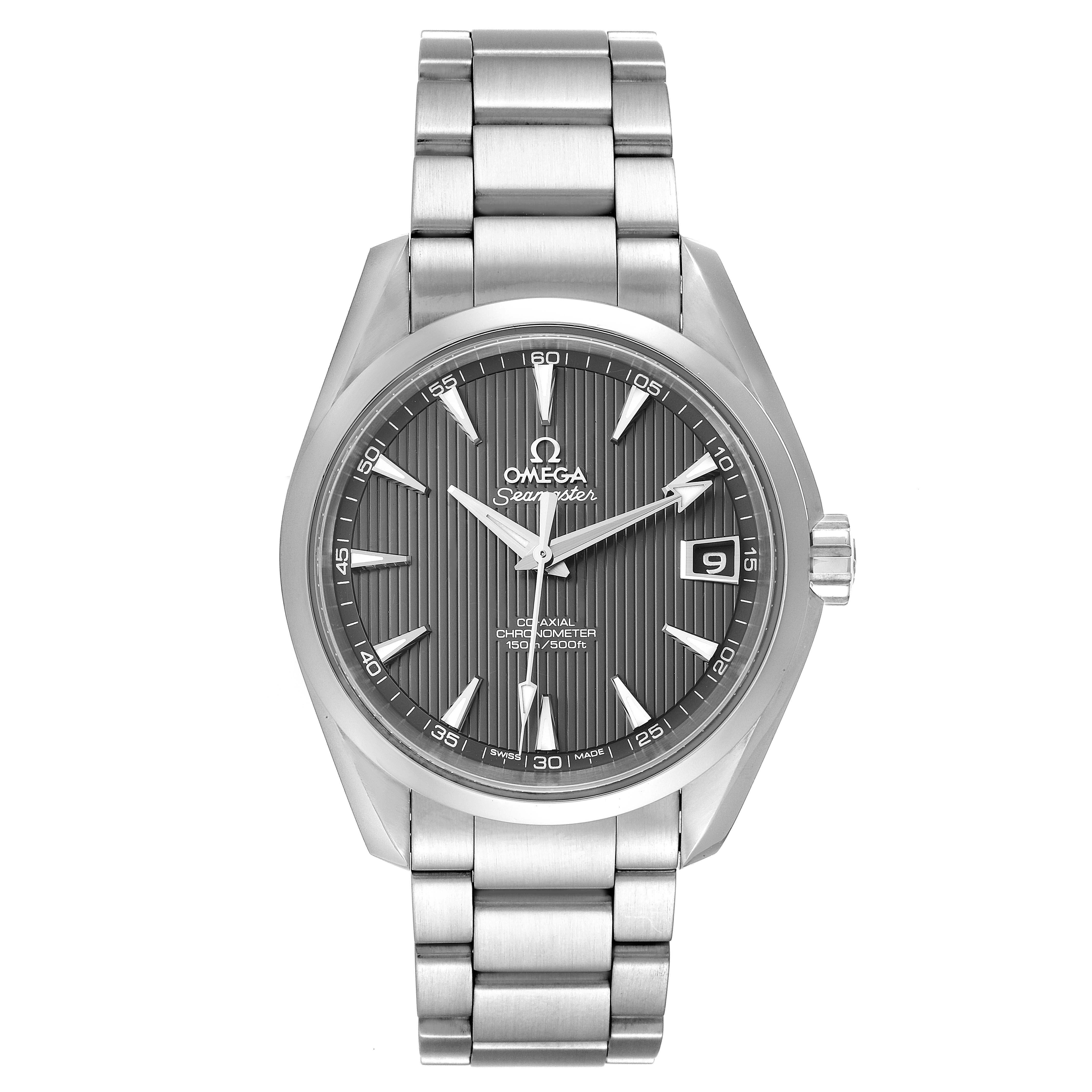 The image shows a front view of an Omega Aqua Terra 231.10.39.21.06.001 Men
s Stainless Steel Grey Dial 231.10.39.21.06.001 Men
s Stainless Steel Grey Dial watch, displaying its face, bezel, and metal bracelet.