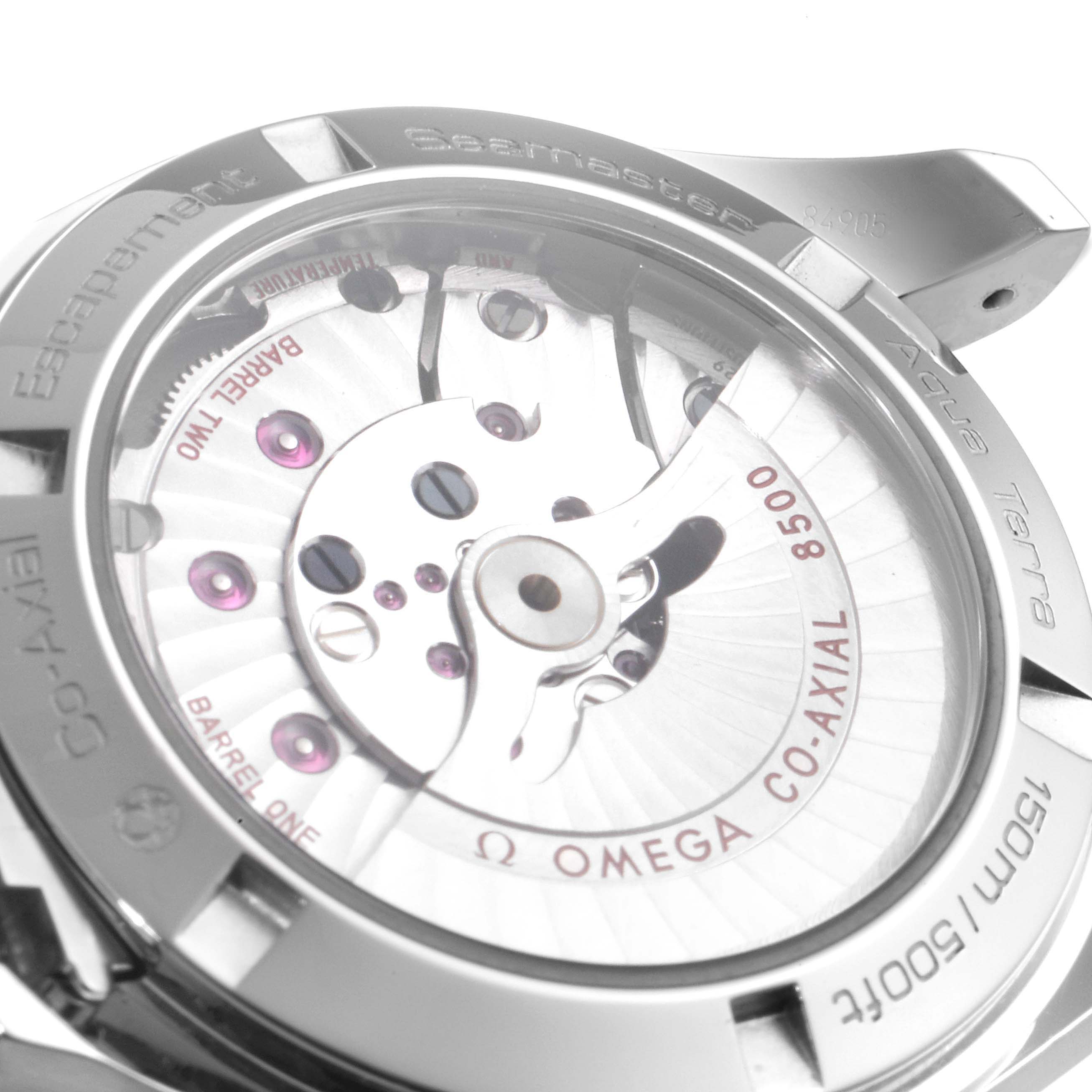 This image shows the back of the Omega Aqua Terra 231.10.39.21.06.001 Men
s Stainless Steel Grey Dial 231.10.39.21.06.001 Men
s Stainless Steel Grey Dial watch, highlighting its Co-Axial 8500 movement and case back engravings.