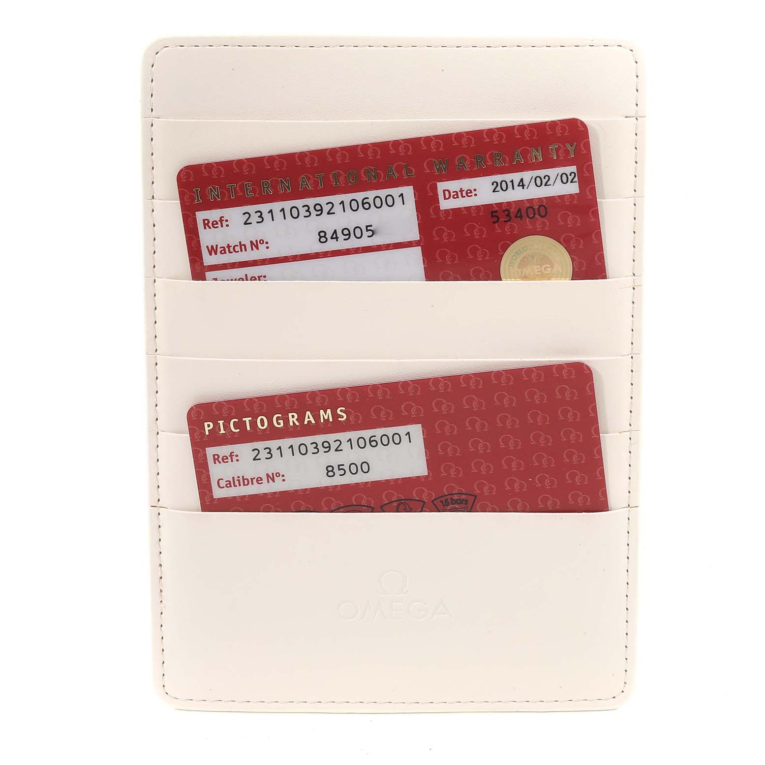 This image shows the warranty cards and pictogram cards for the Omega Aqua Terra 231.10.39.21.06.001 Men
s Stainless Steel Grey Dial 231.10.39.21.06.001 Men
s Stainless Steel Grey Dial watch, held in a white cardholder.