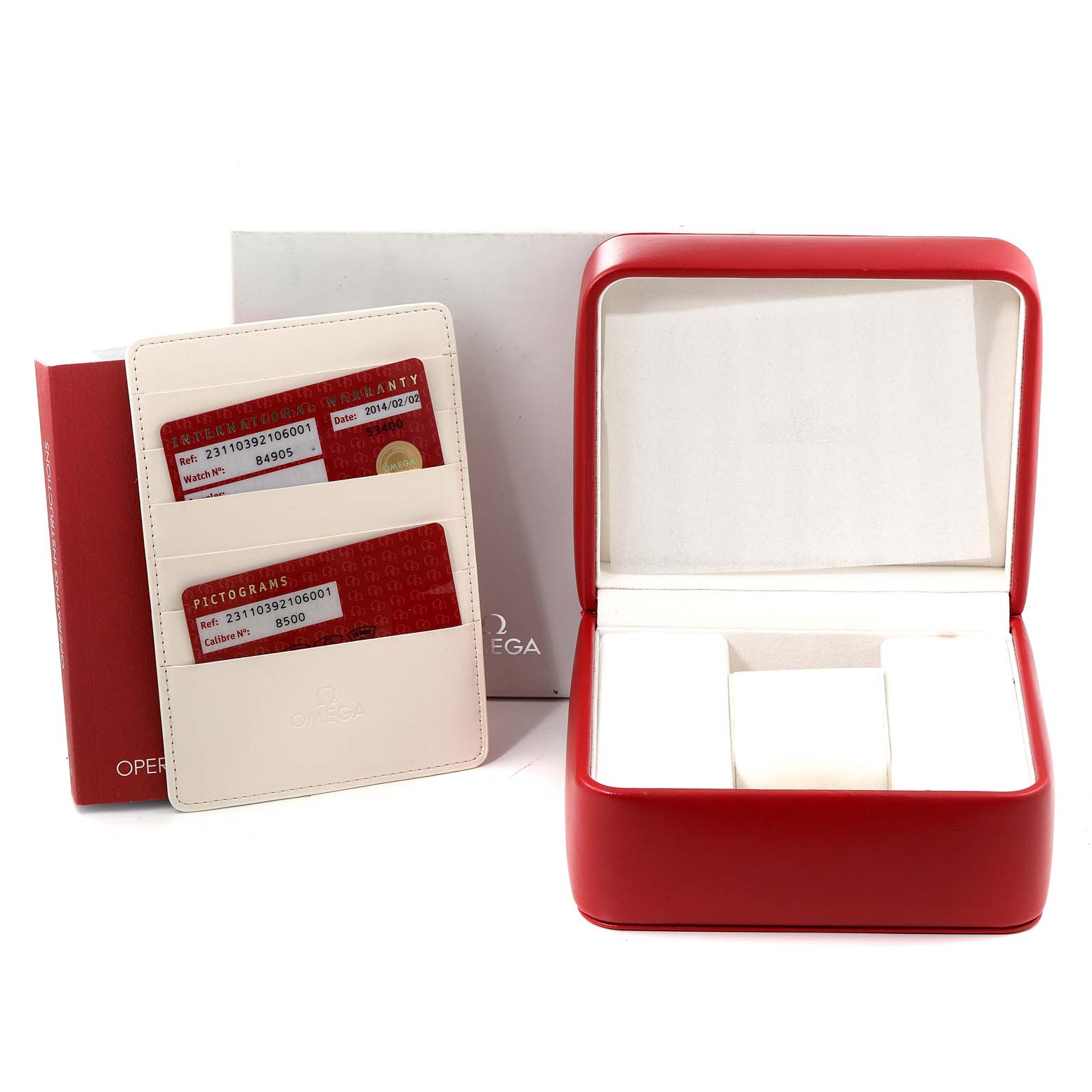 The image shows the packaging and accessories of an Omega Aqua Terra 231.10.39.21.06.001 Men
s Stainless Steel Grey Dial 231.10.39.21.06.001 Men
s Stainless Steel Grey Dial watch, including the box, cards, and documentation.