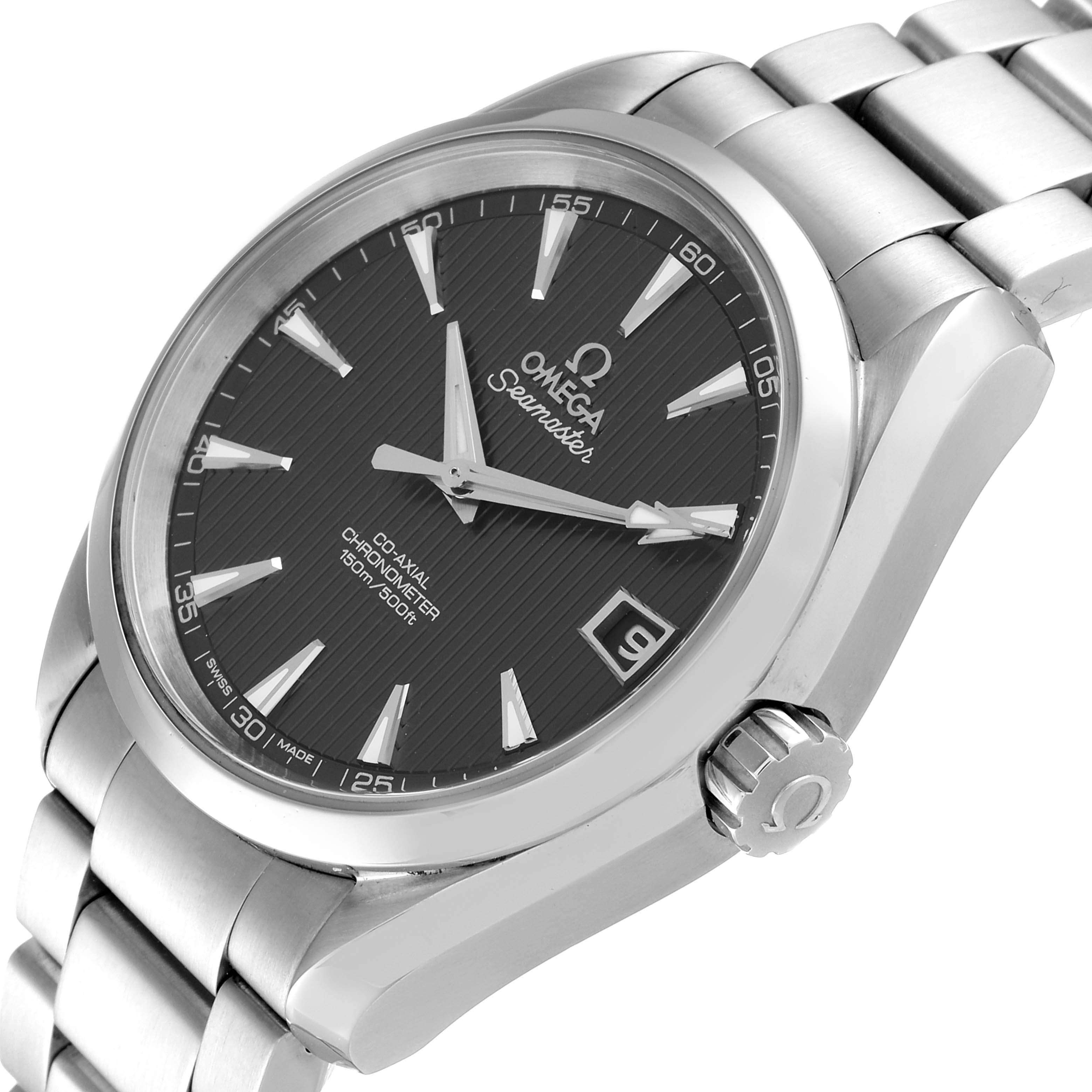 The Omega Aqua Terra 231.10.39.21.06.001 Men
s Stainless Steel Grey Dial 231.10.39.21.06.001 Men
s Stainless Steel Grey Dial watch is shown at an oblique angle, displaying the face, bezel, crown, and a portion of the bracelet.