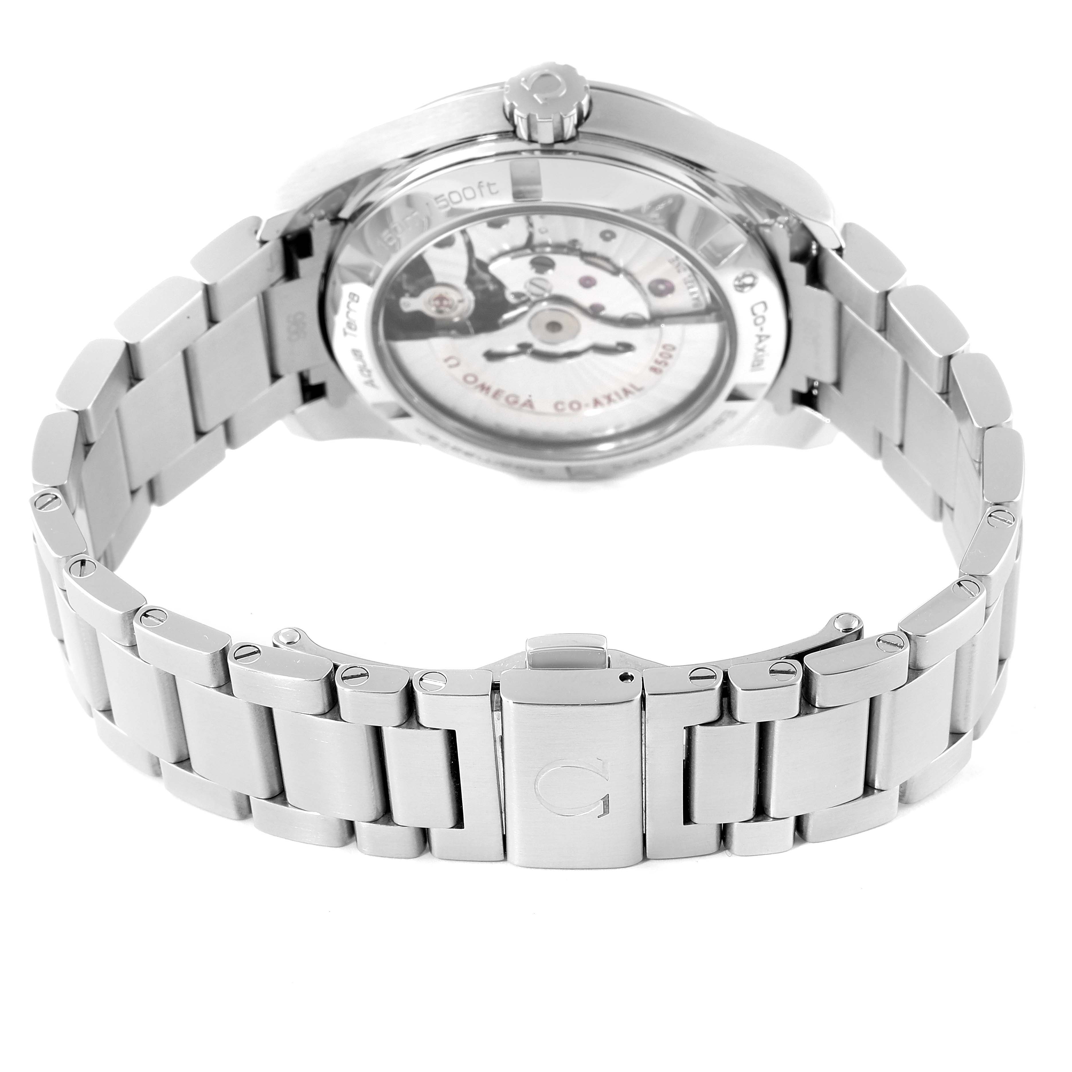 The image shows the back view of the Omega Aqua Terra 231.10.39.21.06.001 Men
s Stainless Steel Grey Dial 231.10.39.21.06.001 Men
s Stainless Steel Grey Dial watch
s case and metal bracelet.