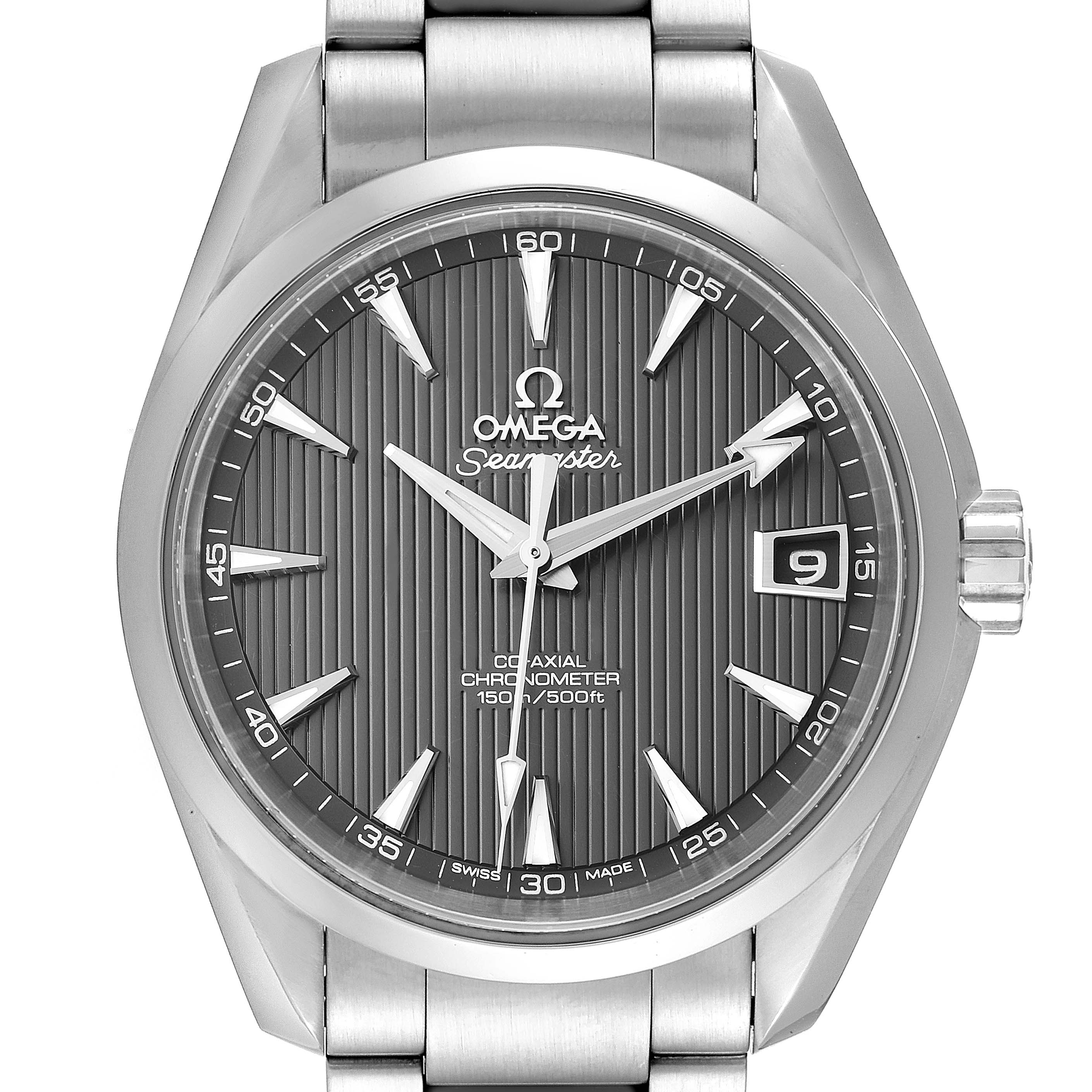 This image shows a frontal view of the Omega Aqua Terra 231.10.39.21.06.001 Men
s Stainless Steel Grey Dial 231.10.39.21.06.001 Men
s Stainless Steel Grey Dial watch, focusing on the face, markers, hands, and bracelet.