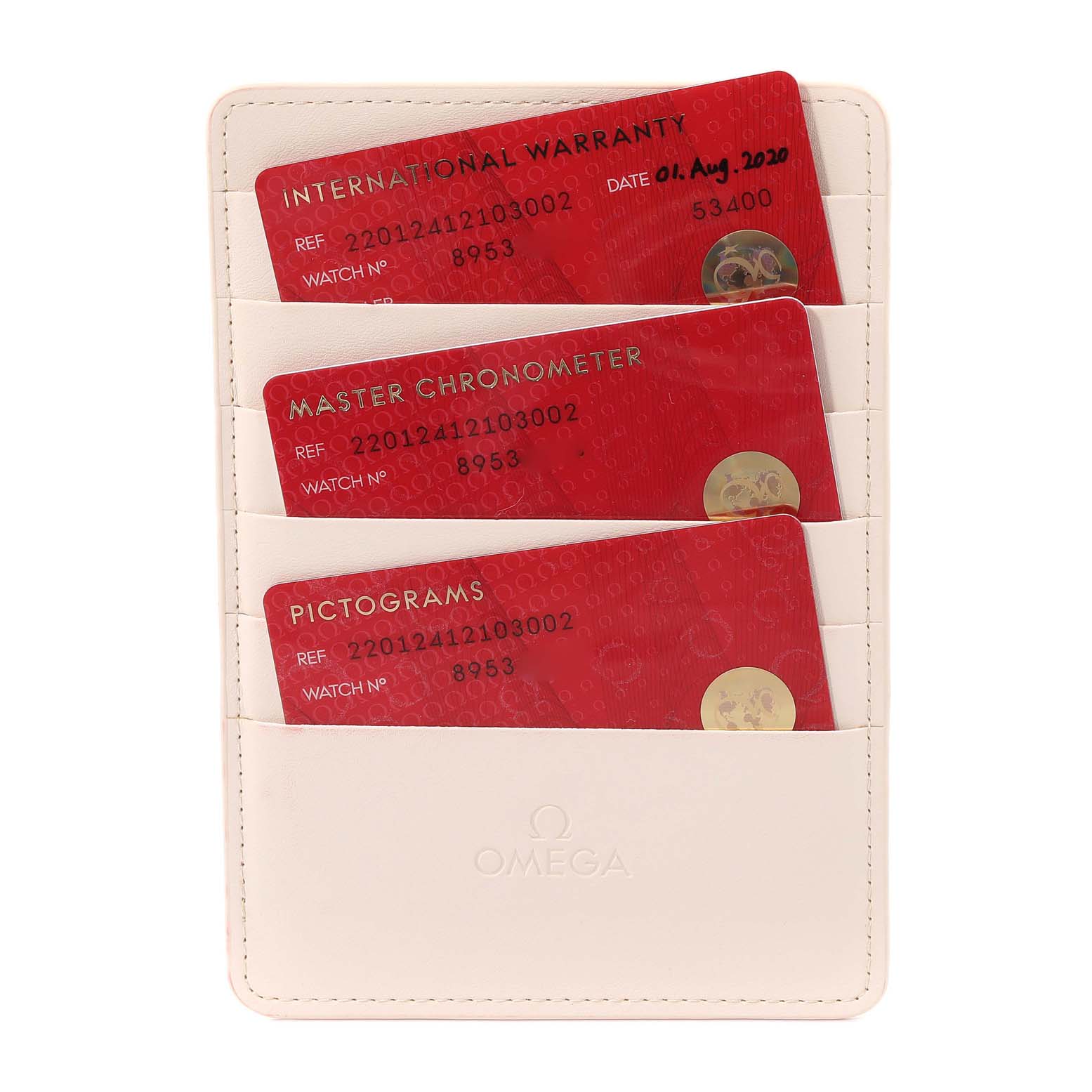 The image shows three red cards labeled "International Warranty," "Master Chronometer," and "Pictograms" for the Omega Aqua Terra 220.12.41.21.03.002 Men
s Stainless Steel Blue Dial 220.12.41.21.03.002 Men
s Stainless Steel Blue Dial watch.