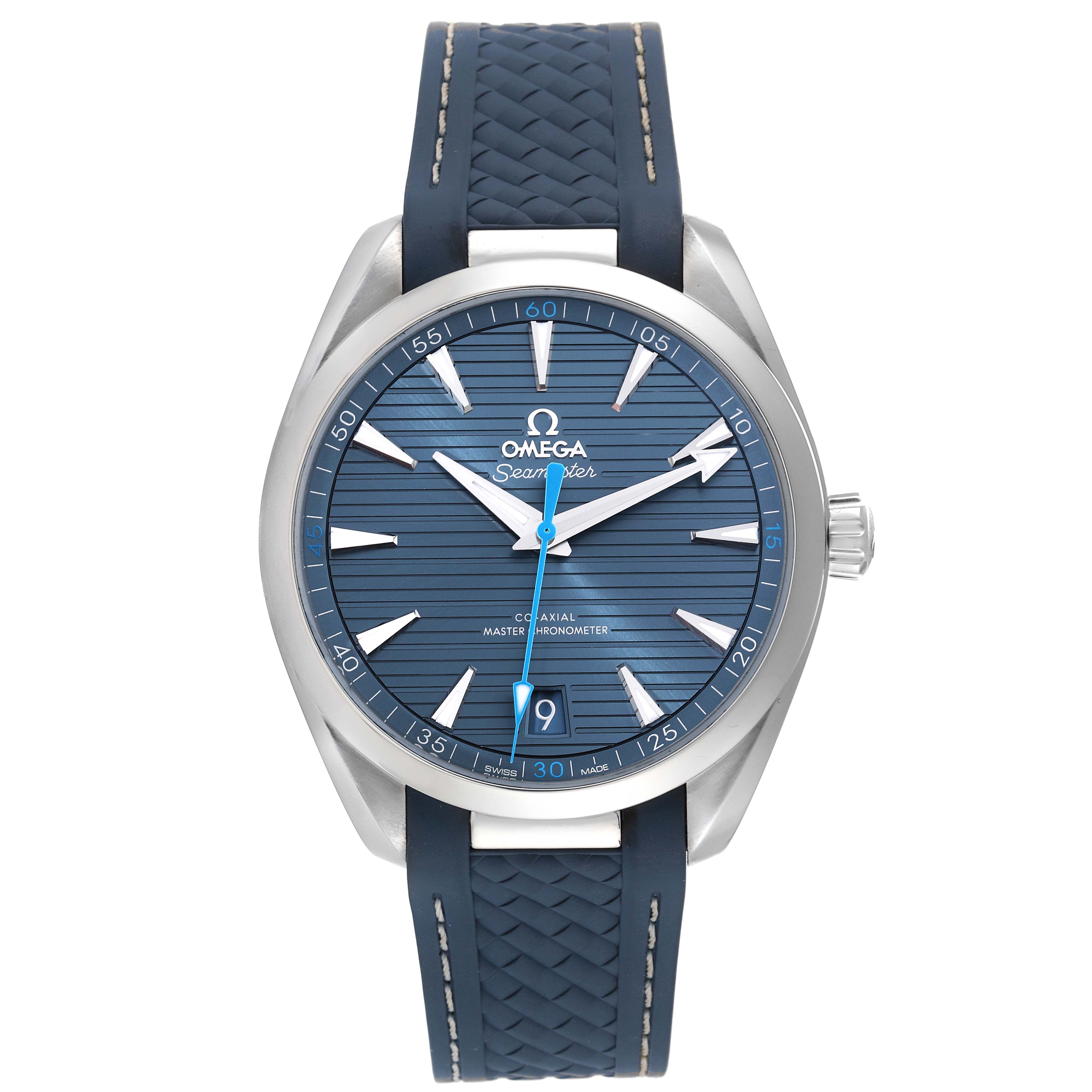 This image shows a front view of an Omega Aqua Terra 220.12.41.21.03.002 Men
s Stainless Steel Blue Dial 220.12.41.21.03.002 Men
s Stainless Steel Blue Dial watch, displaying its blue dial, silver hands, markers, and date window at 6 o
clock.