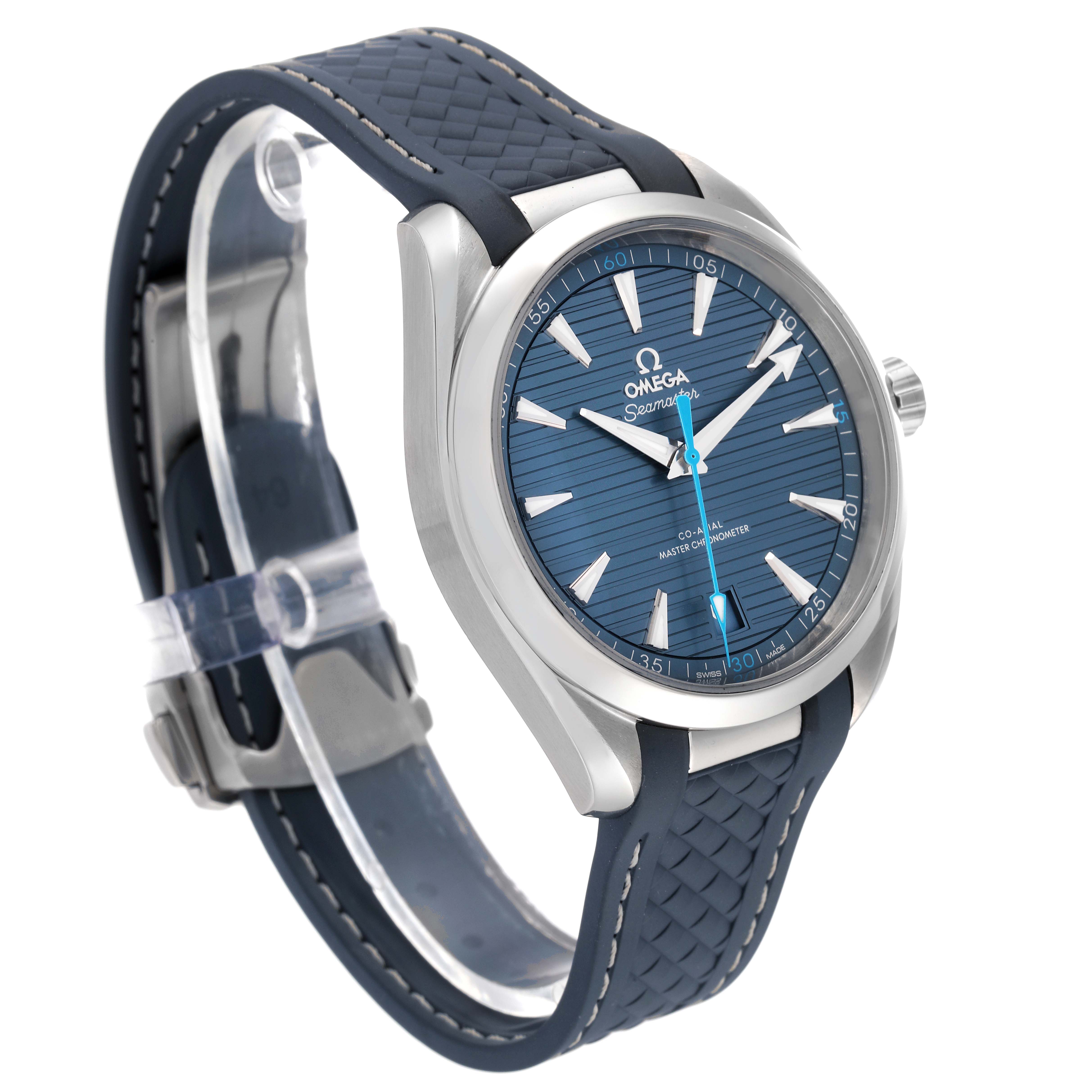The Omega Aqua Terra 220.12.41.21.03.002 Men
s Stainless Steel Blue Dial 220.12.41.21.03.002 Men
s Stainless Steel Blue Dial watch is shown at a three-quarter angle, highlighting the face, bezel, and strap.