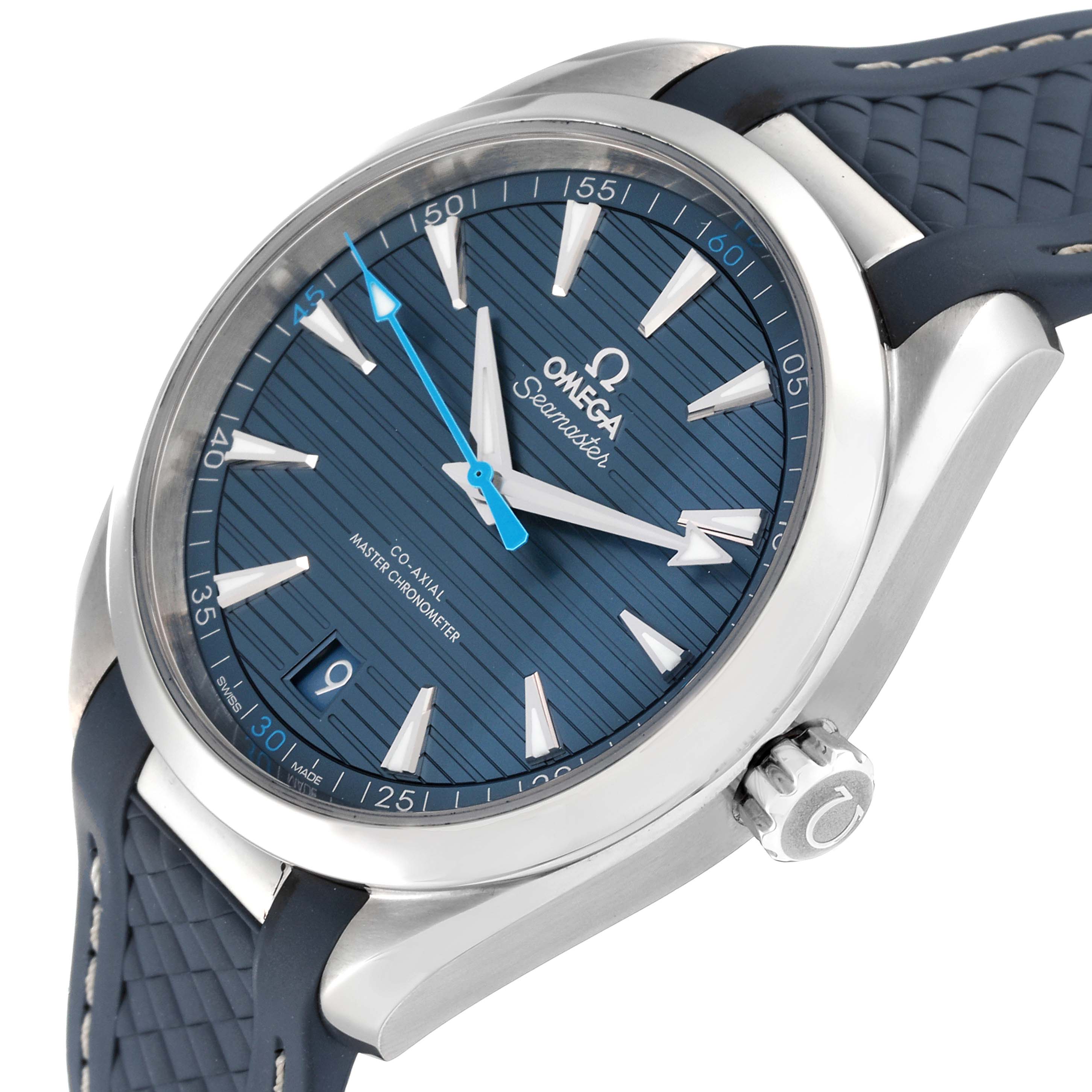 The Omega Aqua Terra 220.12.41.21.03.002 Men
s Stainless Steel Blue Dial 220.12.41.21.03.002 Men
s Stainless Steel Blue Dial watch is shown at a three-quarter angle, highlighting the face, bezel, and part of the strap.