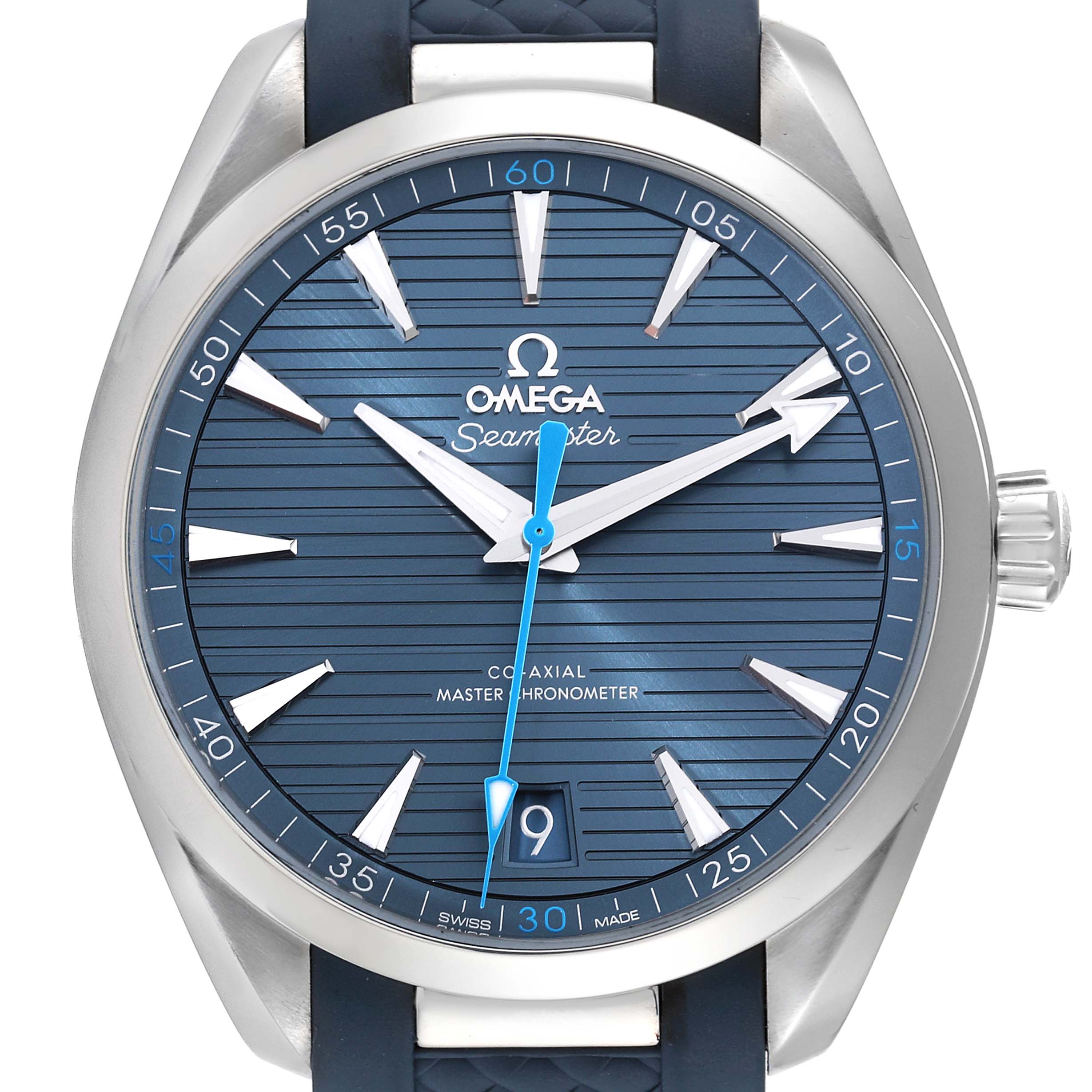 The Omega Aqua Terra 220.12.41.21.03.002 Men
s Stainless Steel Blue Dial 220.12.41.21.03.002 Men
s Stainless Steel Blue Dial watch is shown from a front angle, highlighting the face, bezel, hands, and crown.