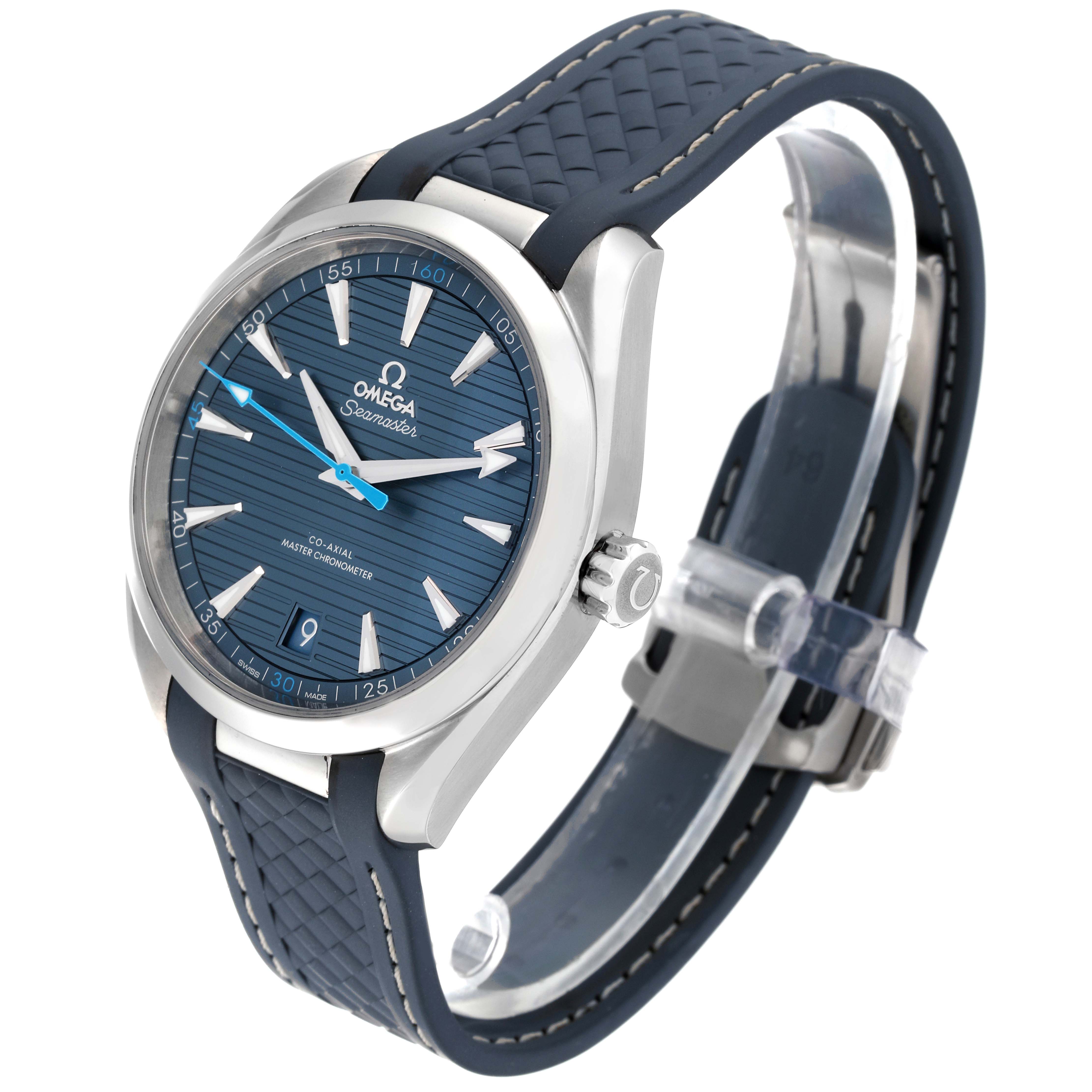 This image shows an Omega Aqua Terra 220.12.41.21.03.002 Men
s Stainless Steel Blue Dial 220.12.41.21.03.002 Men
s Stainless Steel Blue Dial watch from a three-quarter angle, highlighting the face, bezel, crown, and strap.