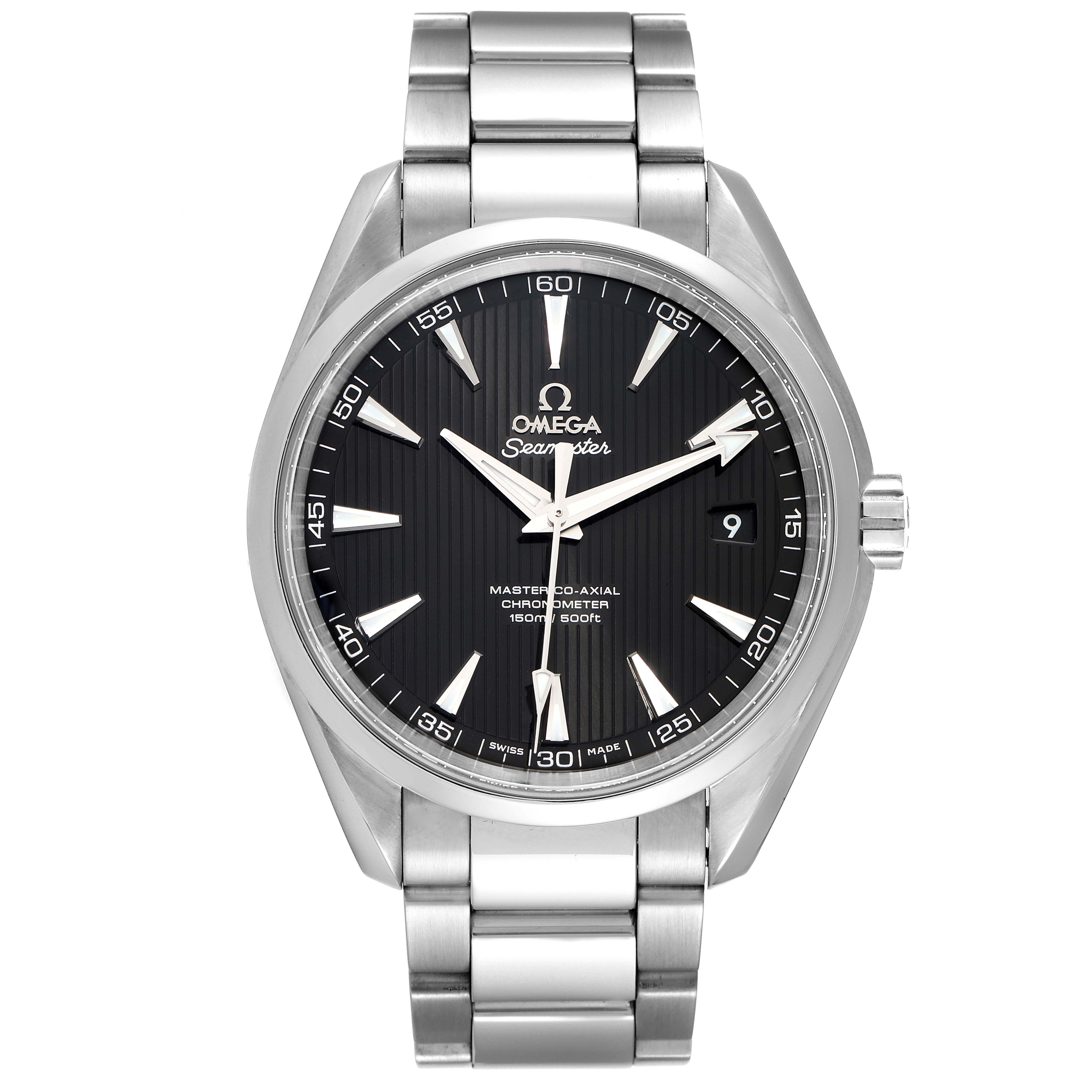 The image shows a front view of an Omega Aqua Terra 231.10.42.21.01.003 Men's Stainless Steel Black Dial 231.10.42.21.01.003 Men's Stainless Steel Black Dial model watch, highlighting its black dial, date display, and metal bracelet.