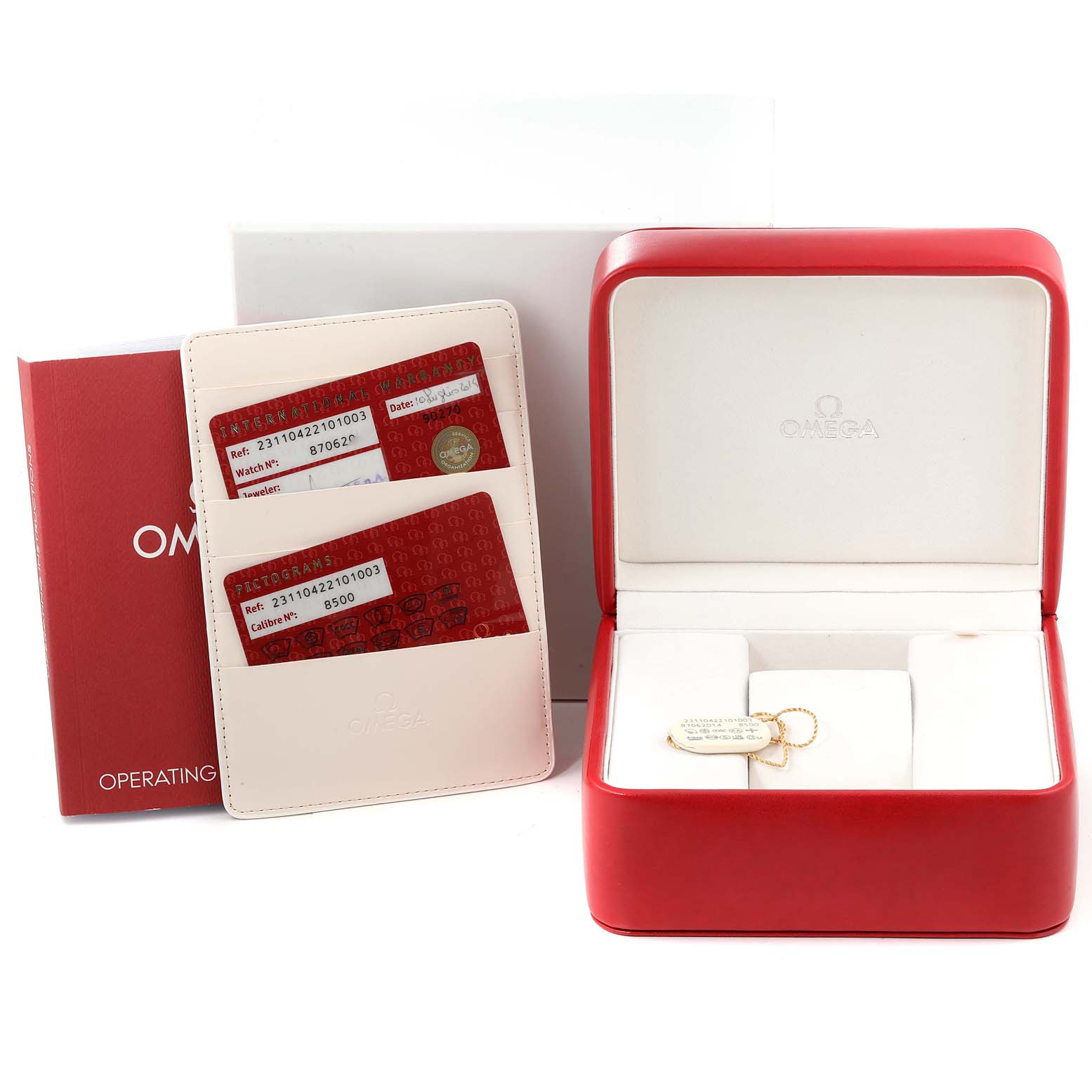 This image shows the packaging accessories for the Omega Aqua Terra 231.10.42.21.01.003 Men's Stainless Steel Black Dial 231.10.42.21.01.003 Men's Stainless Steel Black Dial, including the red watch box, operating instructions, and warranty cards.