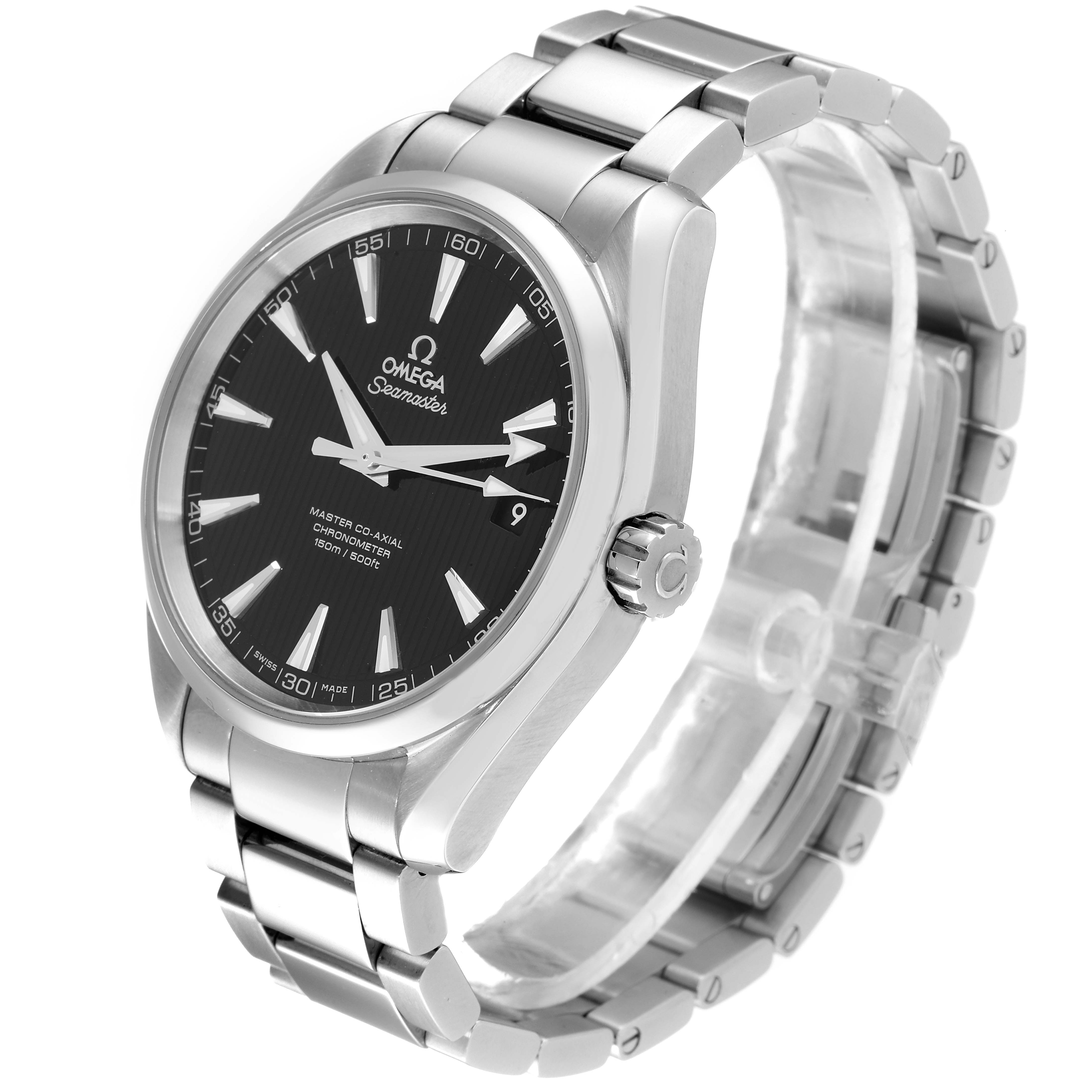 The Omega Aqua Terra 231.10.42.21.01.003 Men's Stainless Steel Black Dial 231.10.42.21.01.003 Men's Stainless Steel Black Dial watch is shown at a slight angle, displaying the face, crown, and metal bracelet.