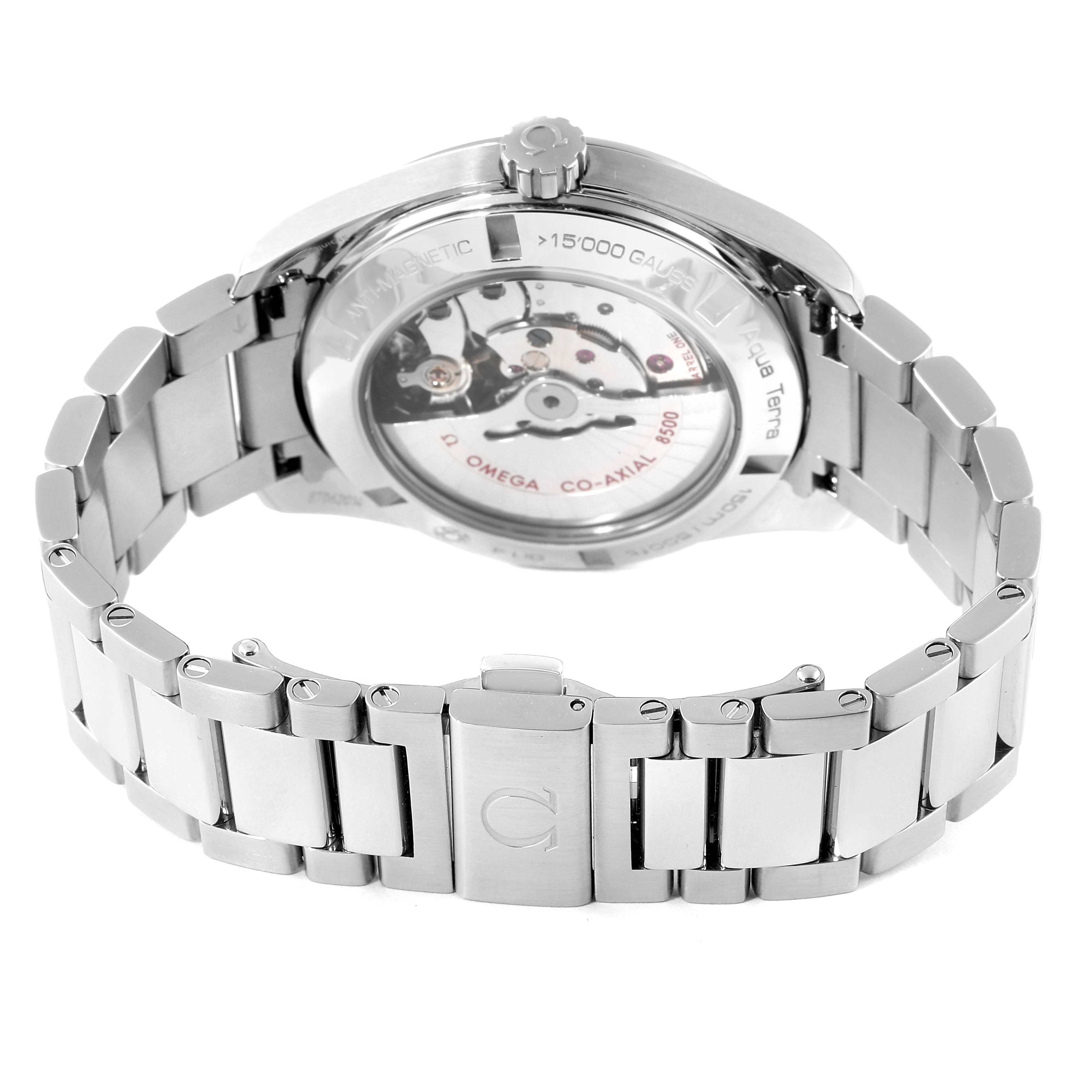 The image shows the back of the Omega Aqua Terra 231.10.42.21.01.003 Men's Stainless Steel Black Dial 231.10.42.21.01.003 Men's Stainless Steel Black Dial watch, displaying the movement and stainless steel bracelet.