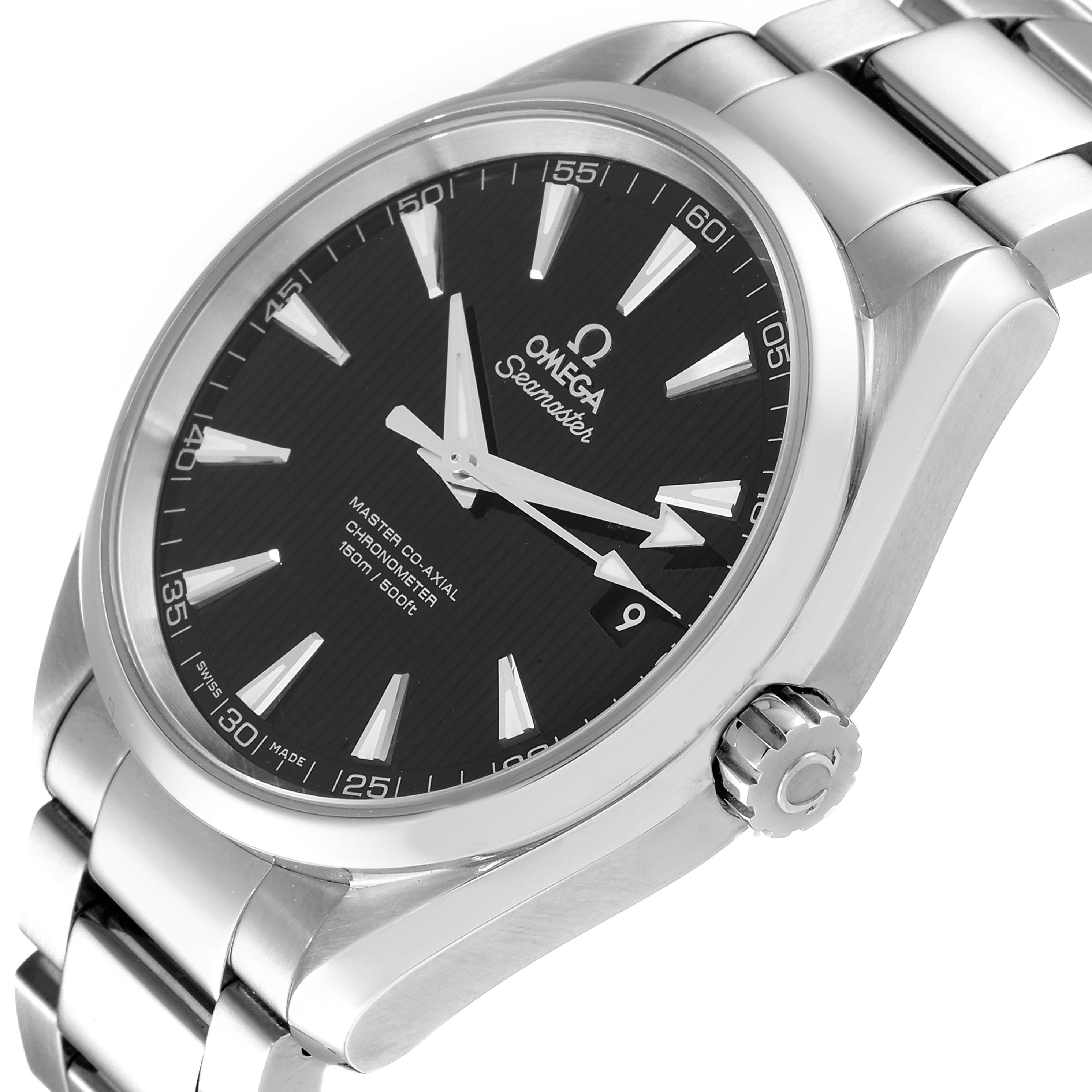 The image shows the face and the right side of the Omega Aqua Terra 231.10.42.21.01.003 Men's Stainless Steel Black Dial 231.10.42.21.01.003 Men's Stainless Steel Black Dial watch, capturing details of the bezel, crown, and bracelet.