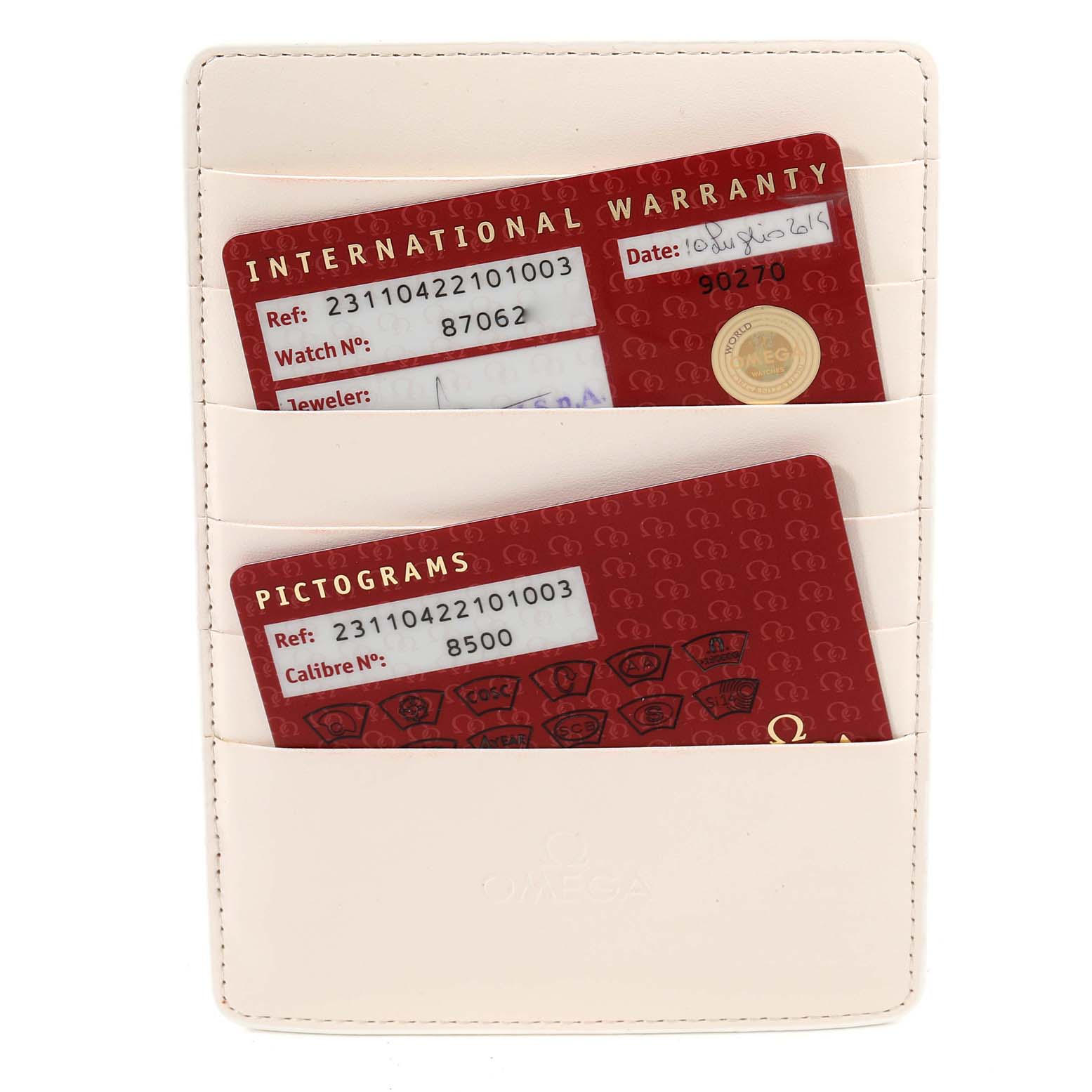 This image shows the International Warranty and Pictograms cards for an Omega Aqua Terra 231.10.42.21.01.003 Men's Stainless Steel Black Dial 231.10.42.21.01.003 Men's Stainless Steel Black Dial watch in a cardholder.