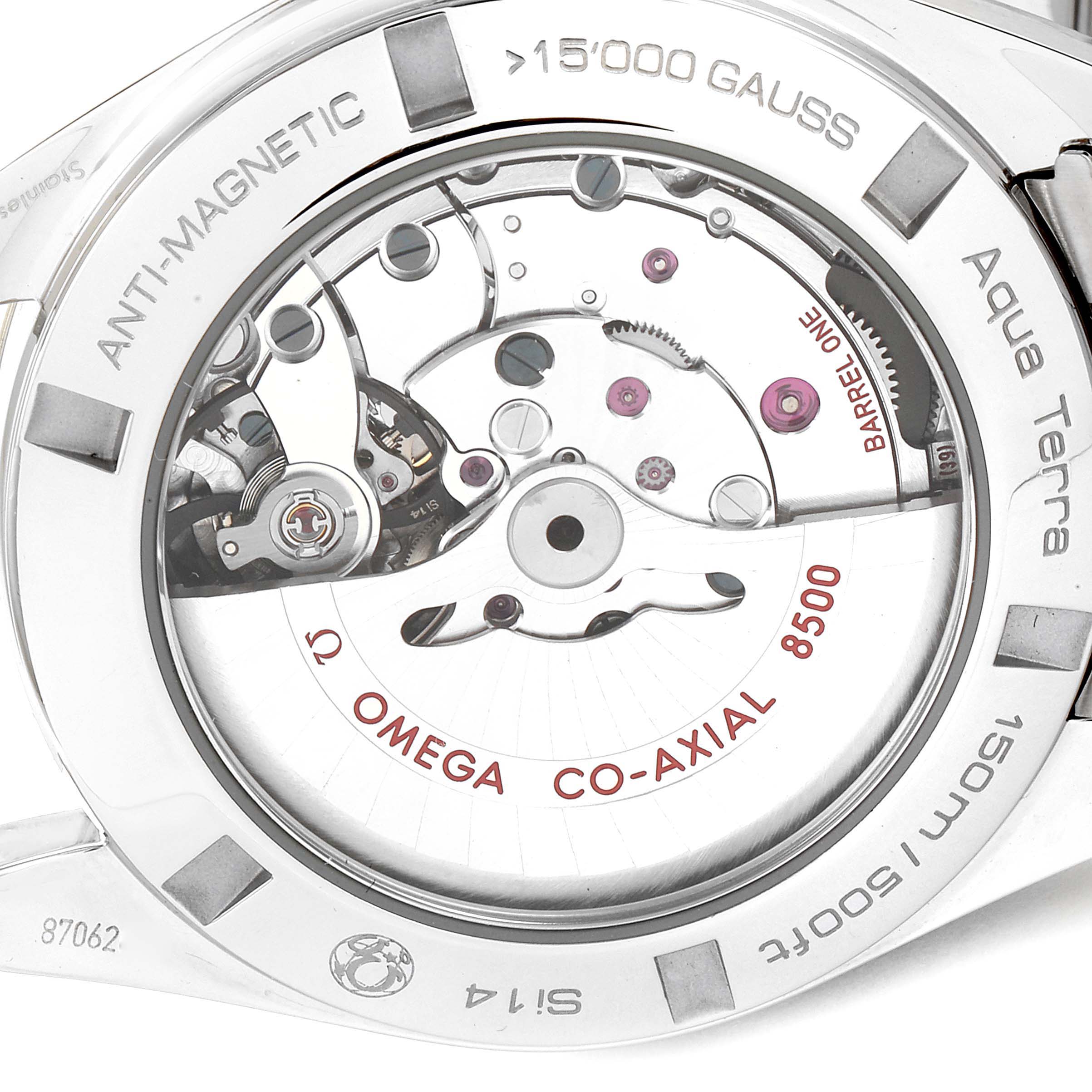 This image shows the backside view of an Omega Aqua Terra 231.10.42.21.01.003 Men's Stainless Steel Black Dial 231.10.42.21.01.003 Men's Stainless Steel Black Dial watch, highlighting the exposed Omega Co-Axial 8500 movement.